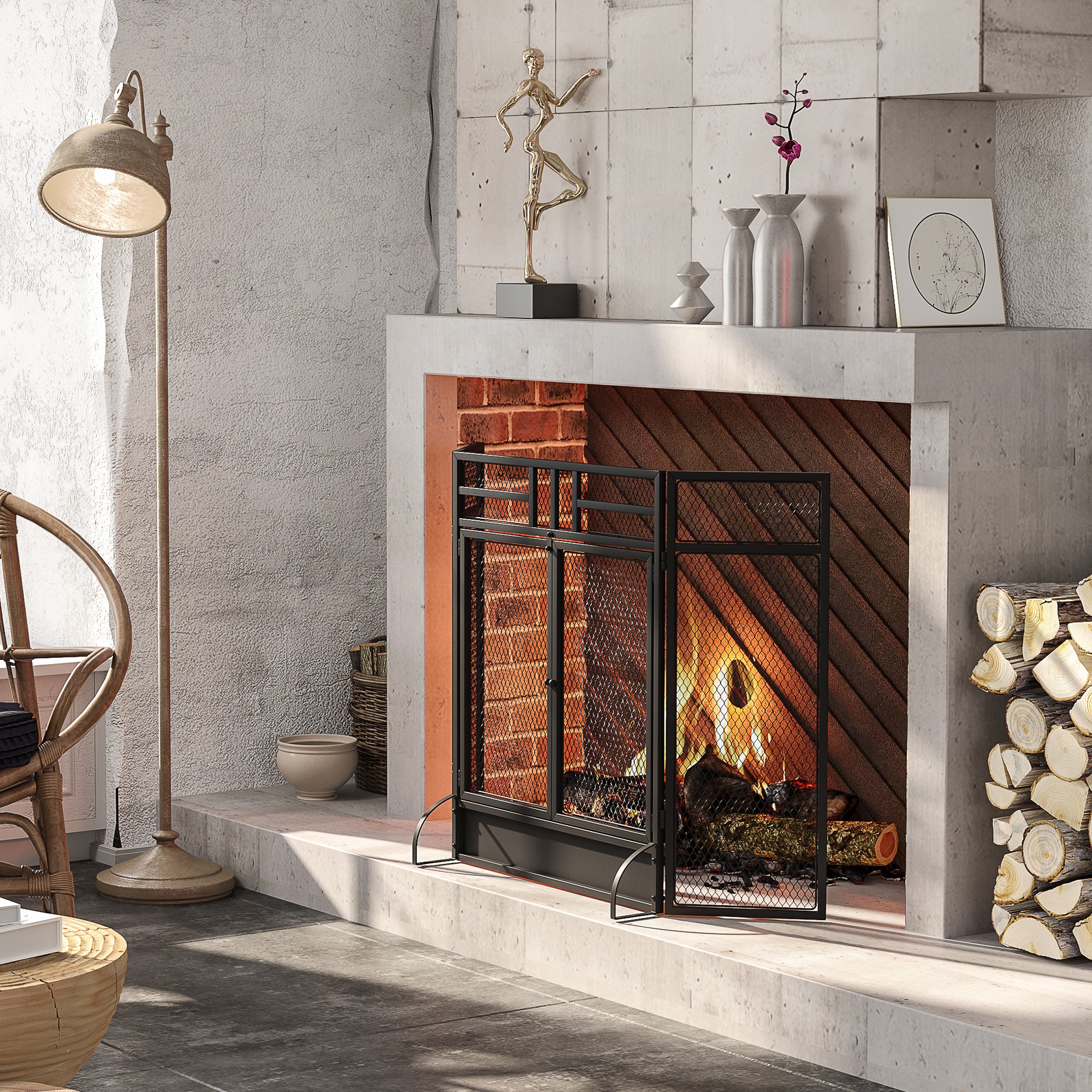 Pare-étincelles grille de protection pour cheminée - pare-feu barrière de sécurité - 3 volets pliables et porte - métal noir