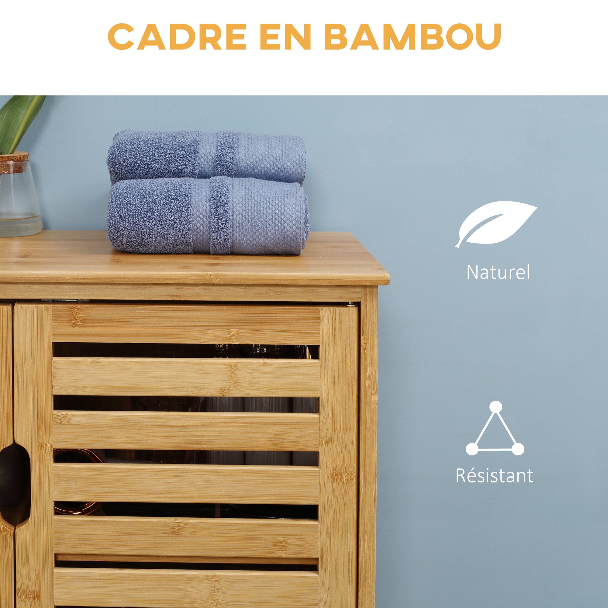 Meuble salle de bain en bambou, armoire salle de bain 3 niveaux avec double porte à lattes, meuble de rangement pour salon, chambre, toilette, 68 x 32 x 86 cm, naturel
