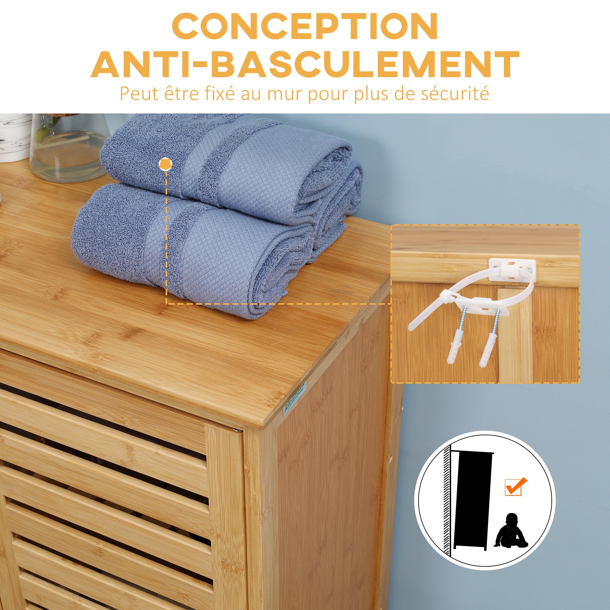 Meuble salle de bain en bambou, armoire salle de bain 3 niveaux avec double porte à lattes, meuble de rangement pour salon, chambre, toilette, 68 x 32 x 86 cm, naturel