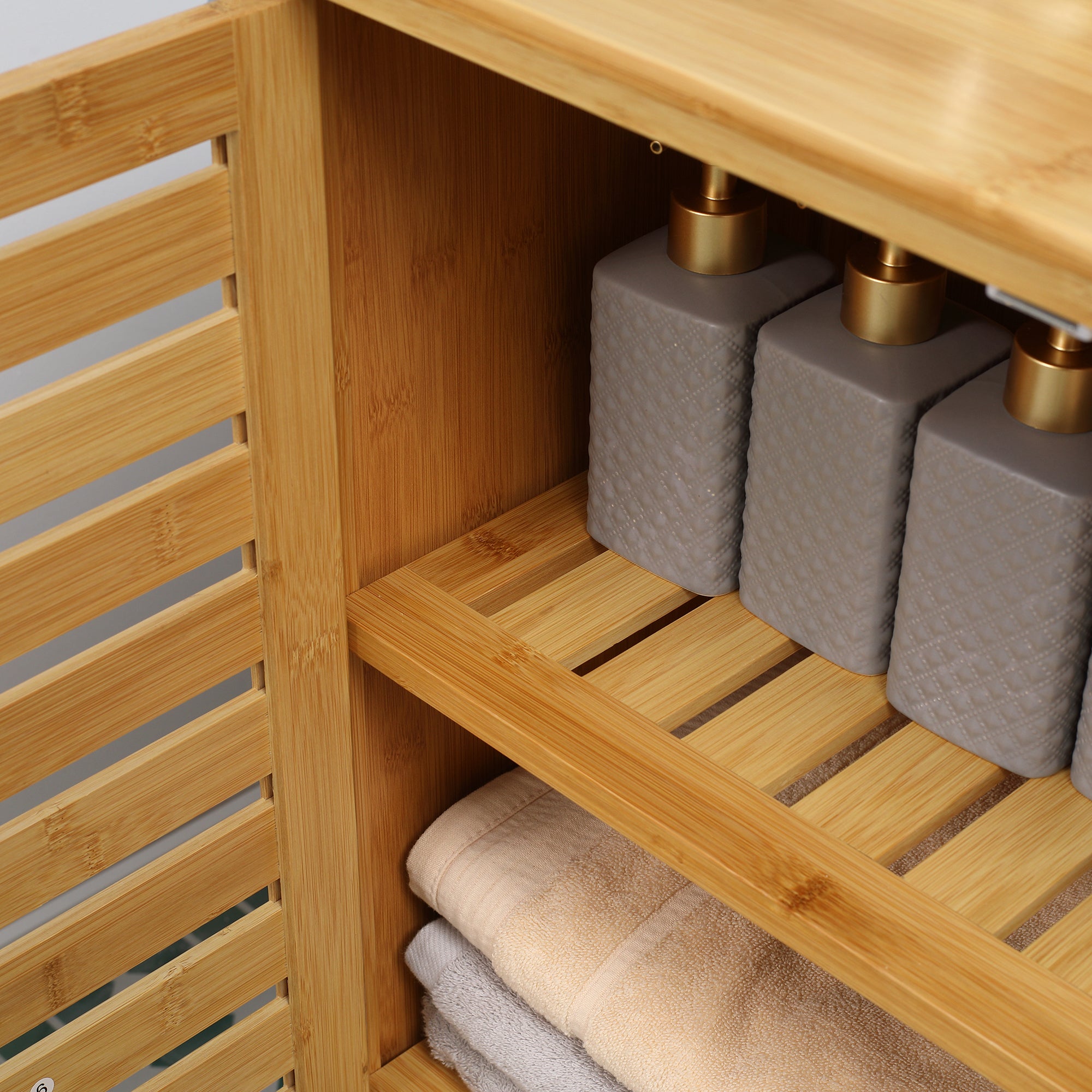 Meuble salle de bain en bambou, armoire salle de bain 3 niveaux avec double porte à lattes, meuble de rangement pour salon, chambre, toilette, 68 x 32 x 86 cm, naturel