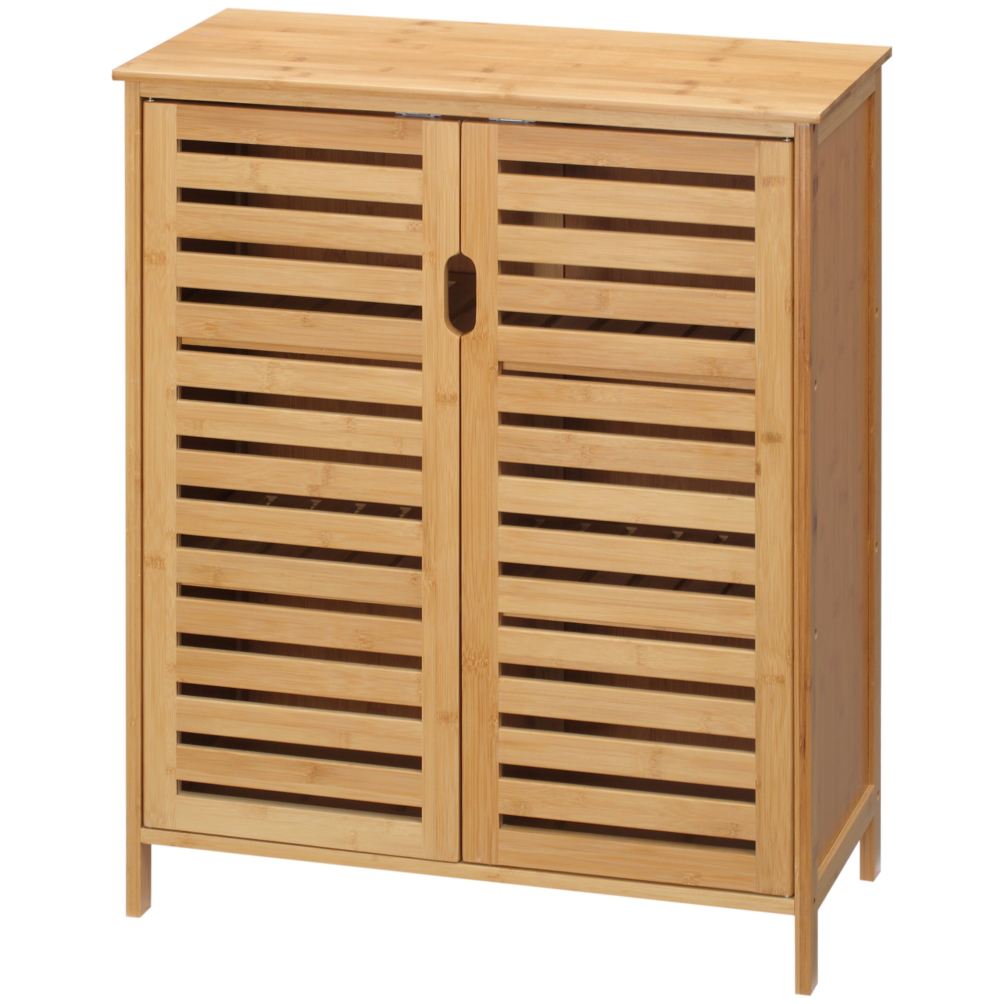 Meuble salle de bain en bambou, armoire salle de bain 3 niveaux avec double porte à lattes, meuble de rangement pour salon, chambre, toilette, 68 x 32 x 86 cm, naturel