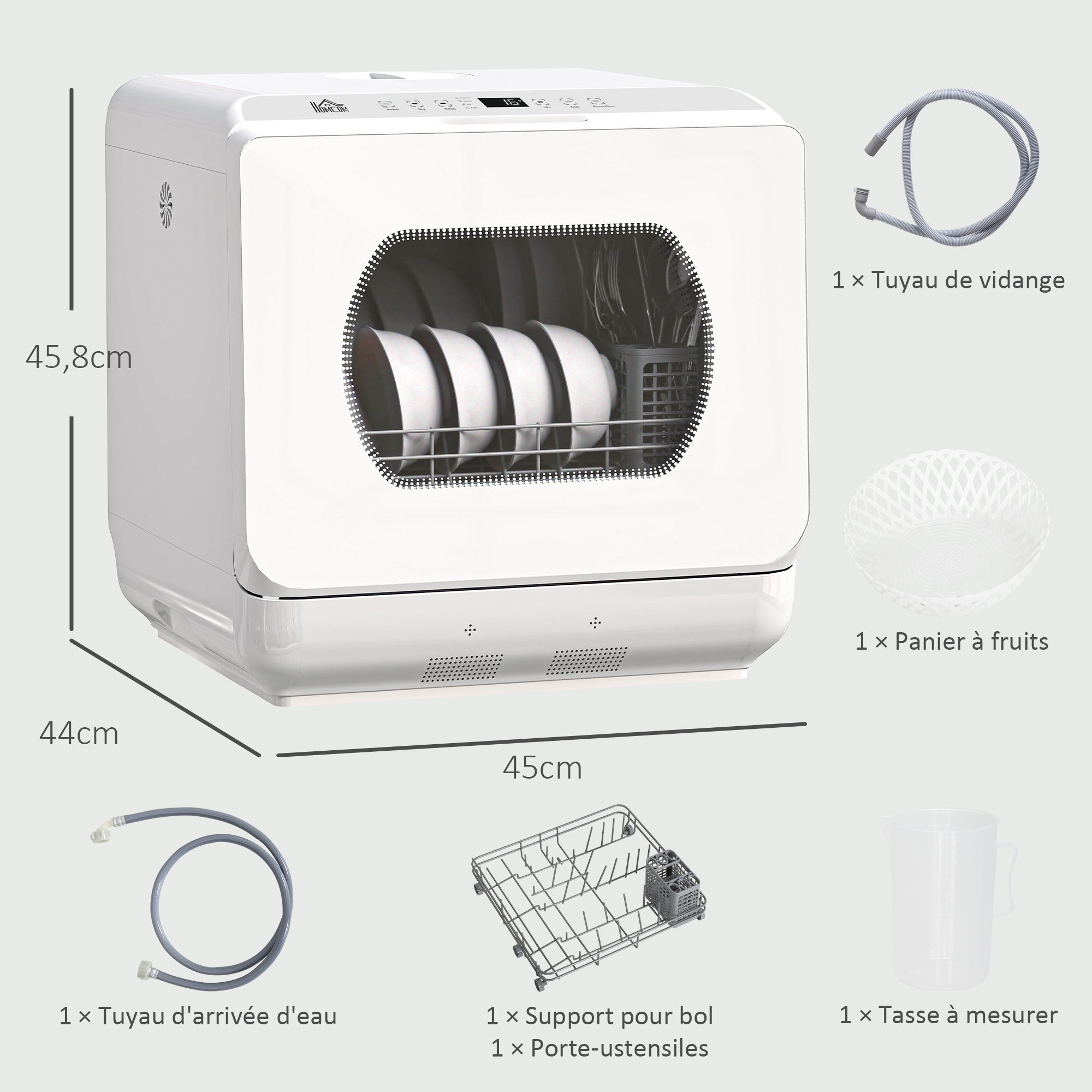 Mini lave-vaisselle 4 couverts, lave-vaisselle de table, 5 programmes, double alimentation en eau, lavage des fruits, réservoir d'eau 6L, commande tactile, affichage LED, départ différé, blanc