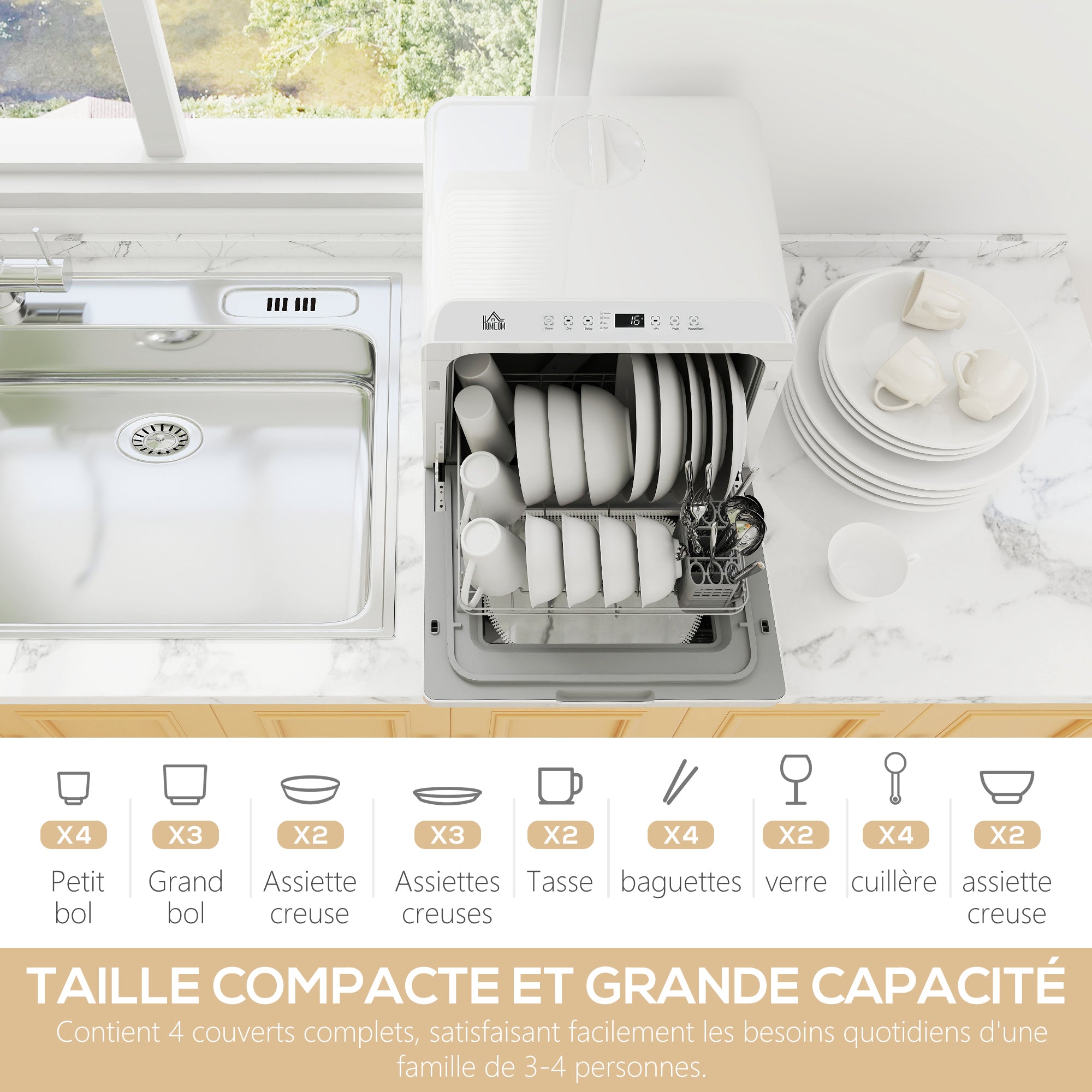 Mini lave-vaisselle 4 couverts, lave-vaisselle de table, 5 programmes, double alimentation en eau, lavage des fruits, réservoir d'eau 6L, commande tactile, affichage LED, départ différé, blanc