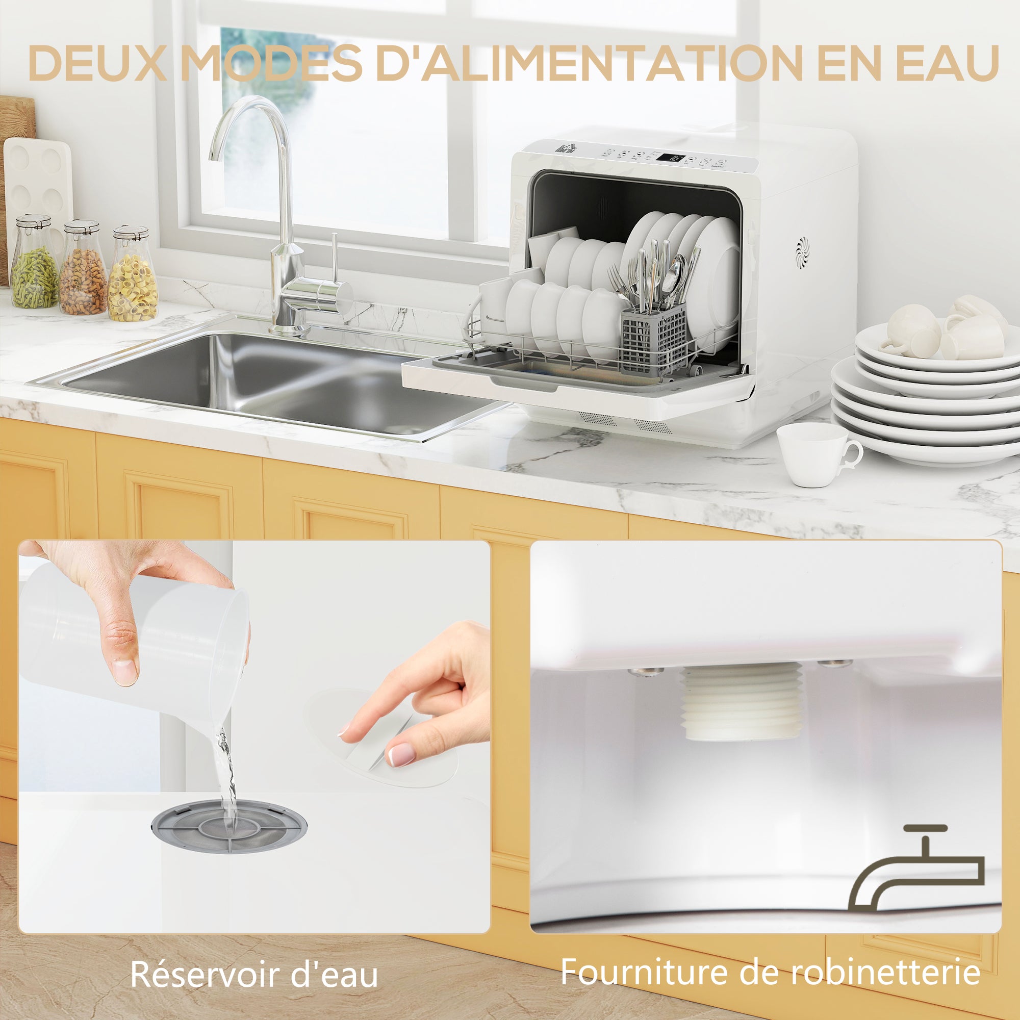 Mini lave-vaisselle 4 couverts, lave-vaisselle de table, 5 programmes, double alimentation en eau, lavage des fruits, réservoir d'eau 6L, commande tactile, affichage LED, départ différé, blanc