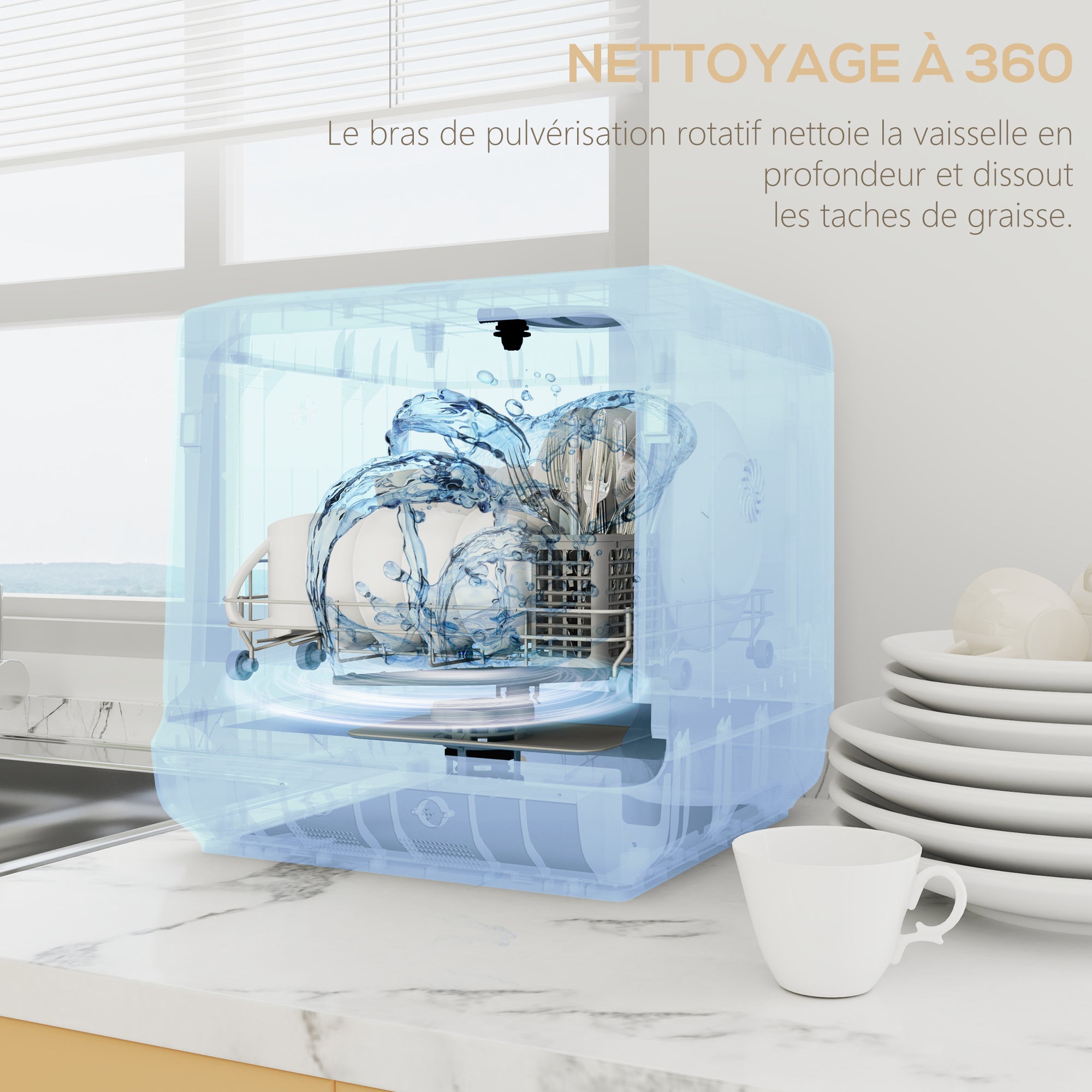 Mini lave-vaisselle 4 couverts, lave-vaisselle de table, 5 programmes, double alimentation en eau, lavage des fruits, réservoir d'eau 6L, commande tactile, affichage LED, départ différé, blanc