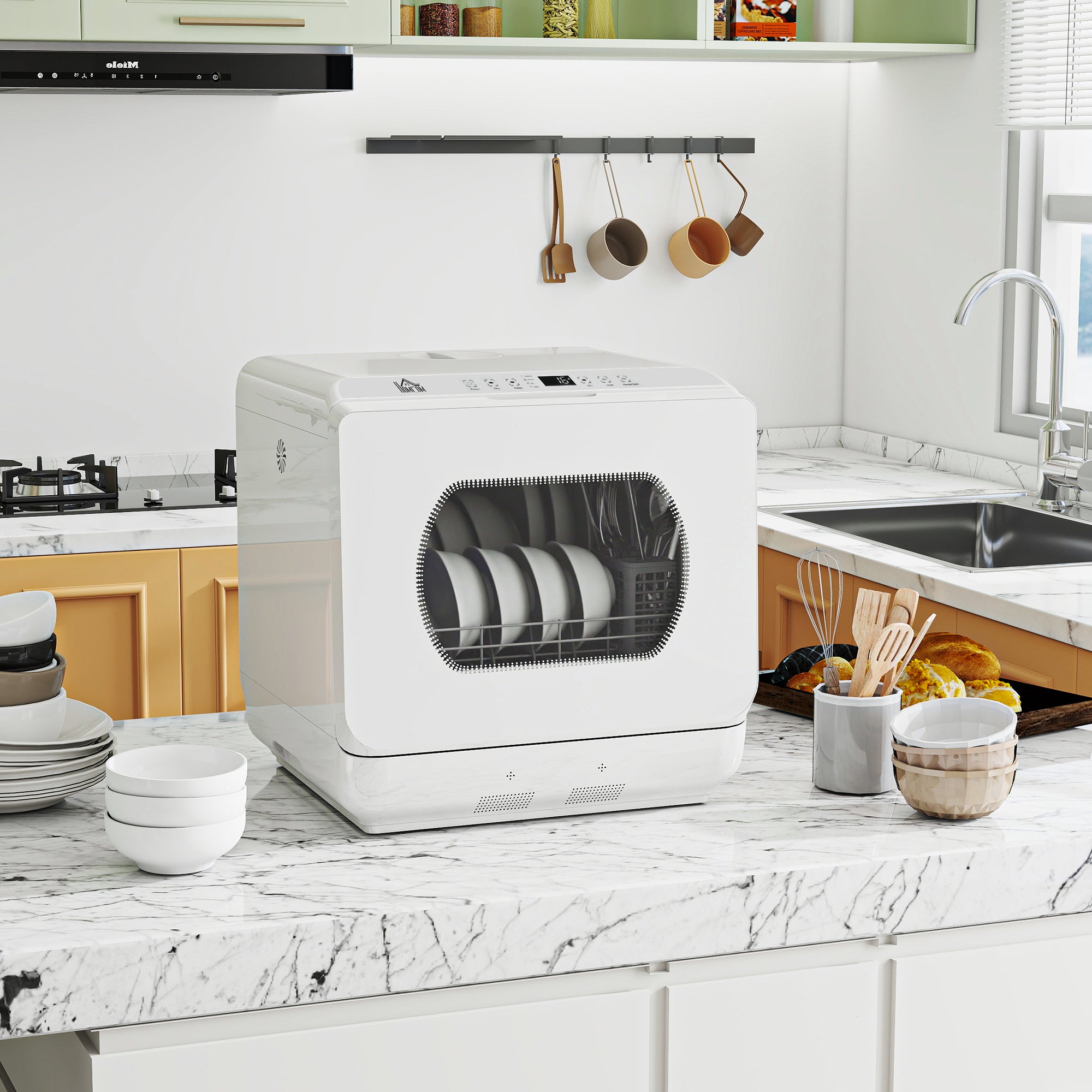 Mini lave-vaisselle 4 couverts, lave-vaisselle de table, 5 programmes, double alimentation en eau, lavage des fruits, réservoir d'eau 6L, commande tactile, affichage LED, départ différé, blanc