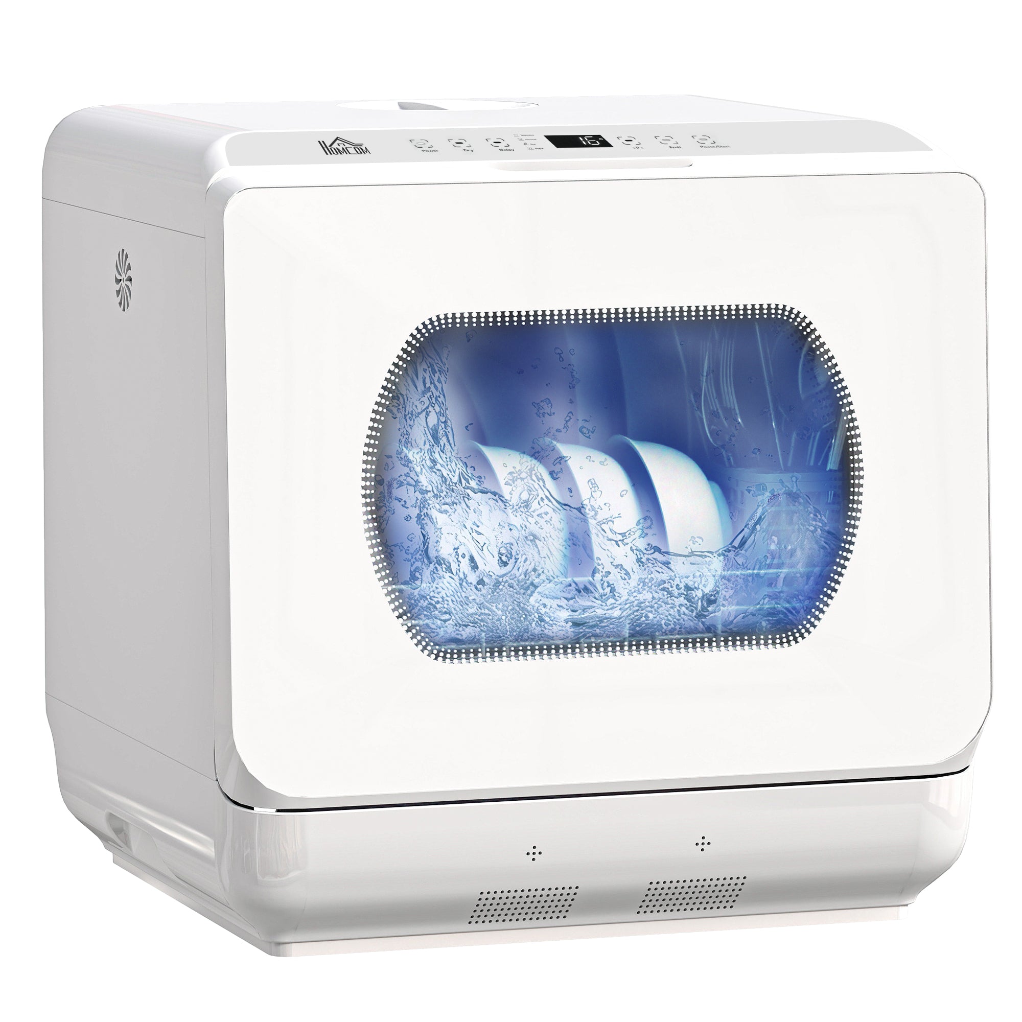 Mini lave-vaisselle 4 couverts, lave-vaisselle de table, 5 programmes, double alimentation en eau, lavage des fruits, réservoir d'eau 6L, commande tactile, affichage LED, départ différé, blanc