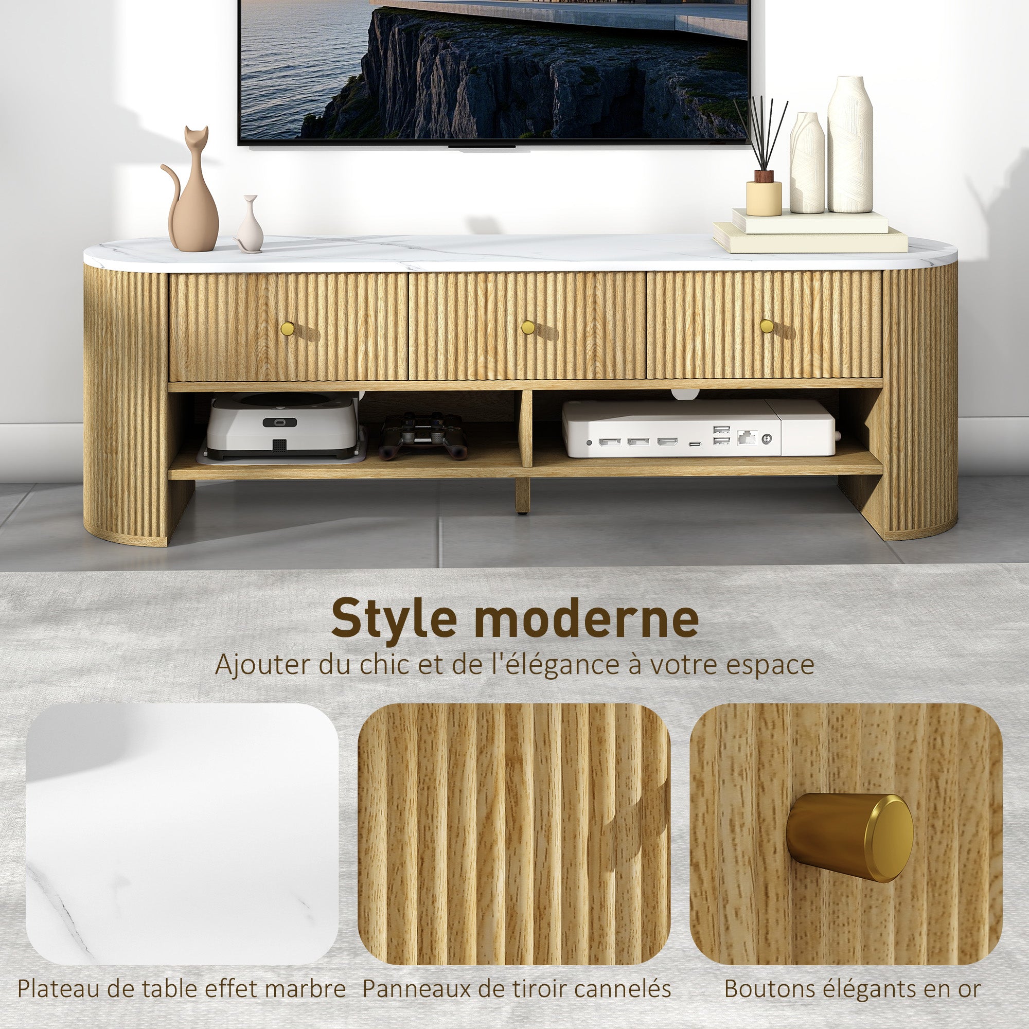 Meuble TV 140 cm, meuble télé pour téléviseur 32-65 pouces effet marbre avec 3 tiroirs façades à cannelures, 2 étagères ouvertes et 2 trous pour câbles, banc TV moderne, effet bois naturel