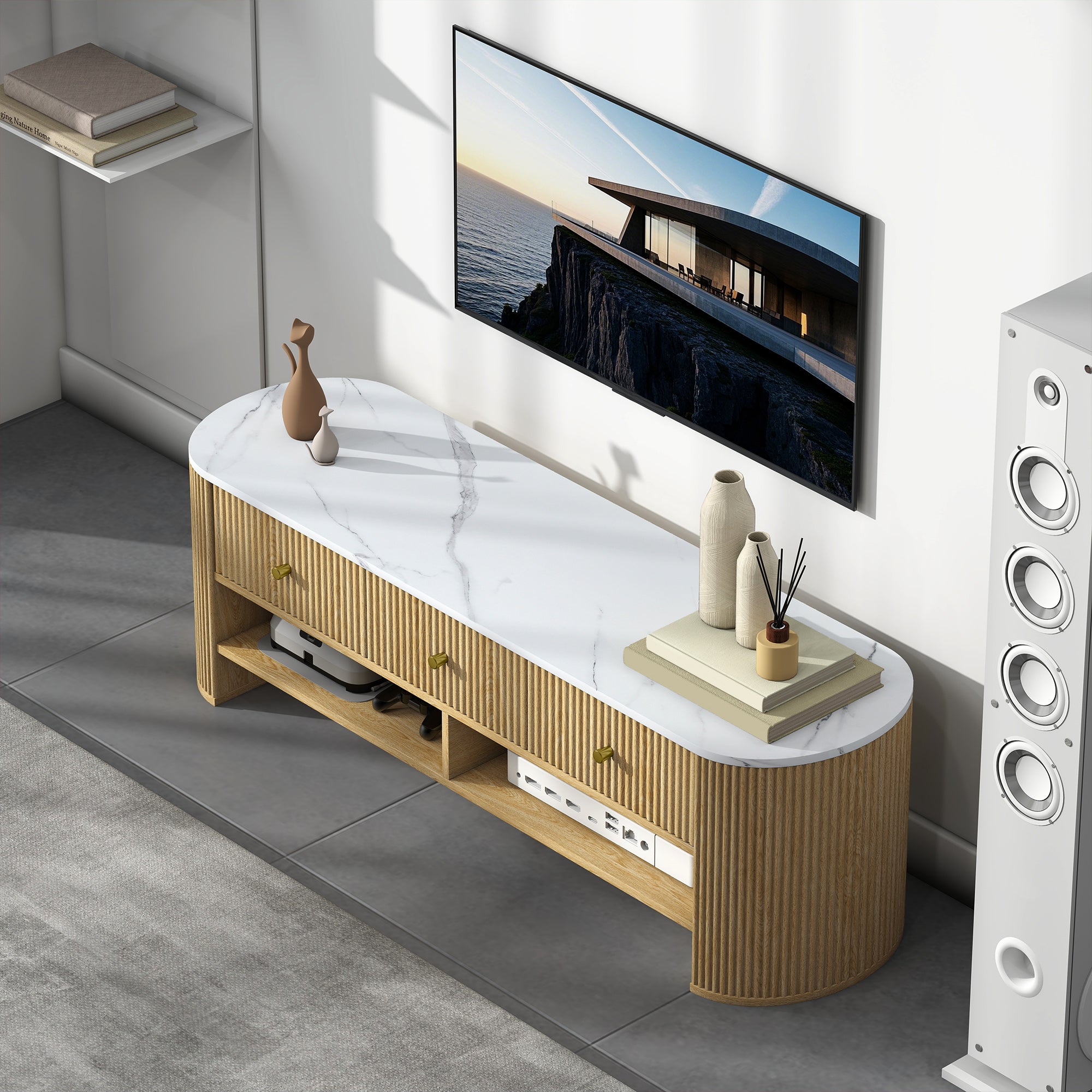 Meuble TV 140 cm, meuble télé pour téléviseur 32-65 pouces effet marbre avec 3 tiroirs façades à cannelures, 2 étagères ouvertes et 2 trous pour câbles, banc TV moderne, effet bois naturel