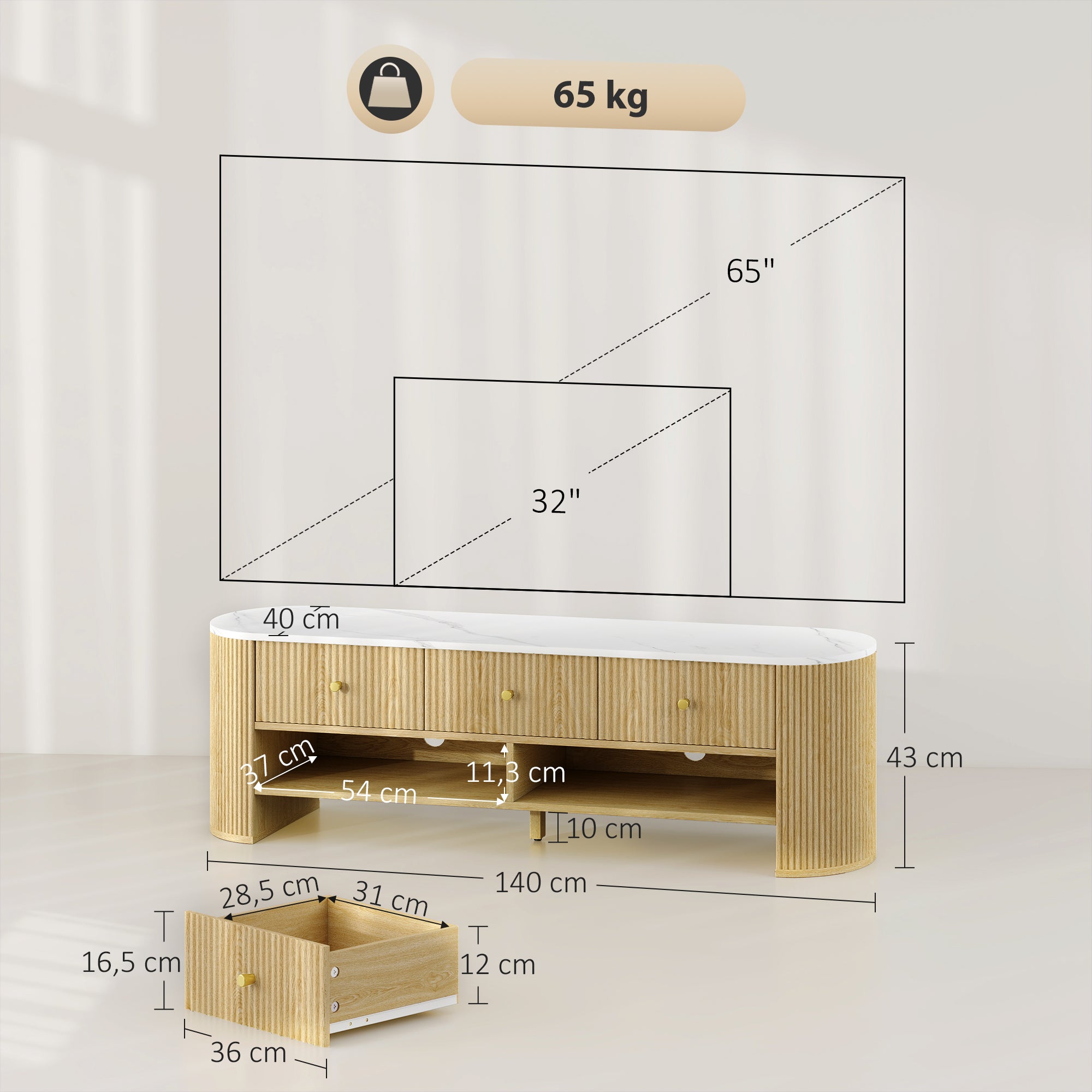 Meuble TV 140 cm, meuble télé pour téléviseur 32-65 pouces effet marbre avec 3 tiroirs façades à cannelures, 2 étagères ouvertes et 2 trous pour câbles, banc TV moderne, effet bois naturel