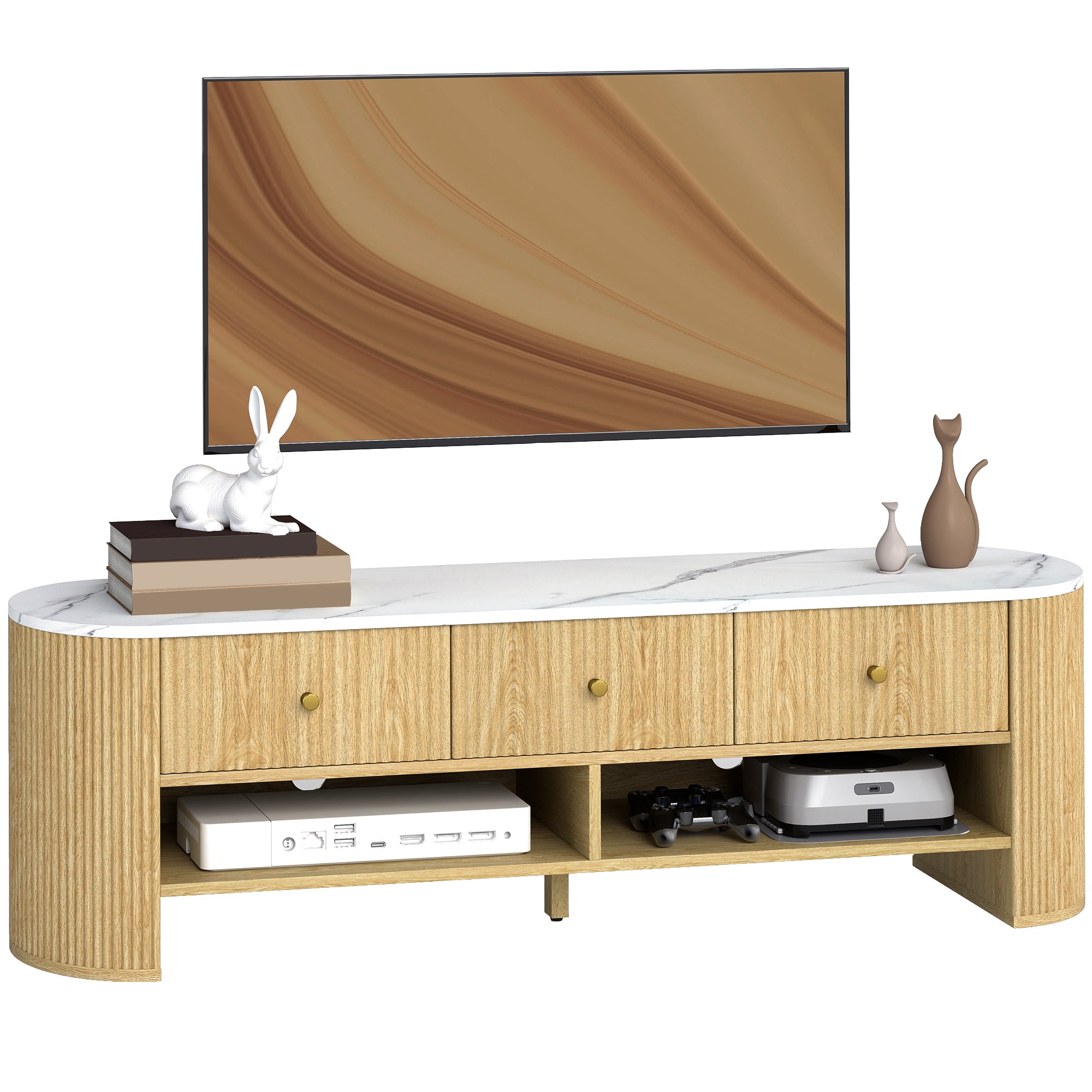 Meuble TV 140 cm, meuble télé pour téléviseur 32-65 pouces effet marbre avec 3 tiroirs façades à cannelures, 2 étagères ouvertes et 2 trous pour câbles, banc TV moderne, effet bois naturel