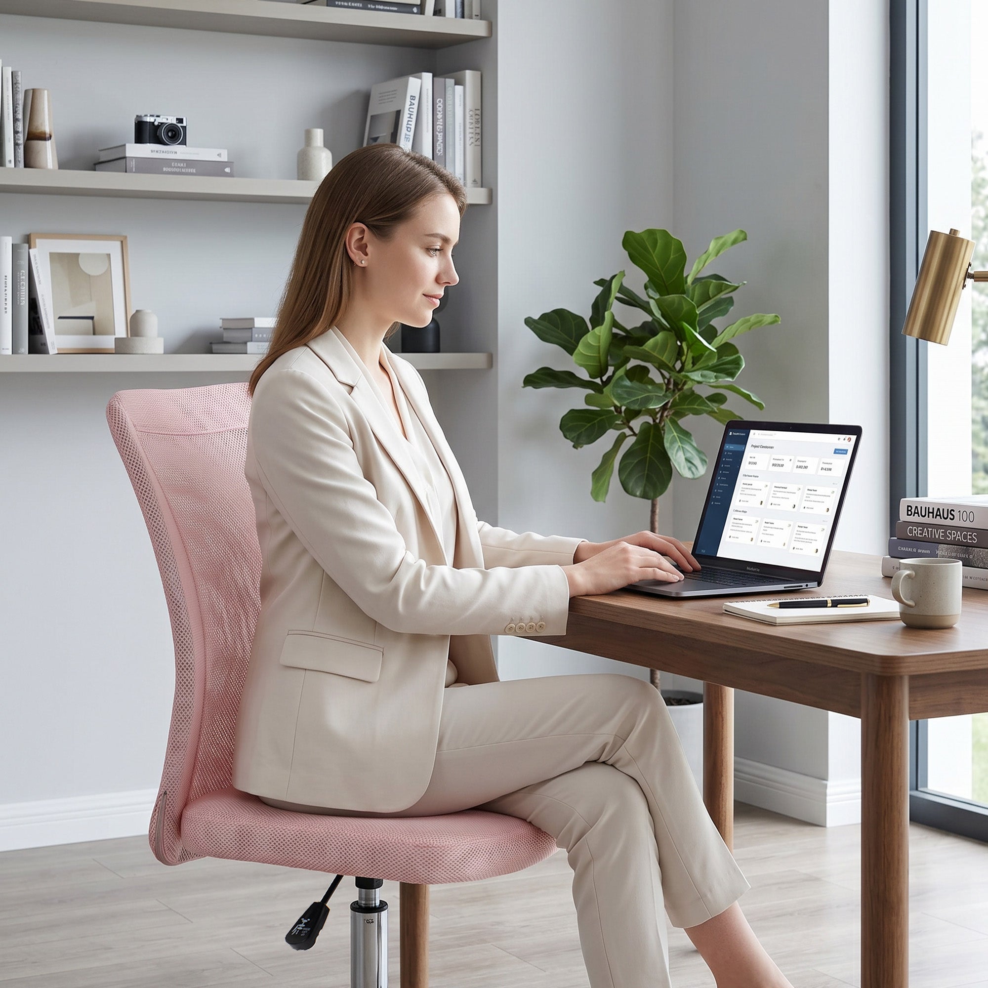 Chaise de bureau ergonomique fauteuil de bureau hauteur réglable piètement chromé pivotant 360° revêtement maille rose