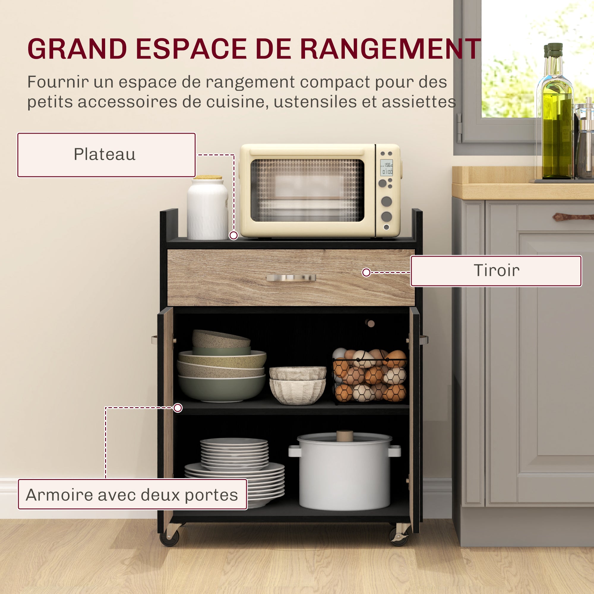 Chariot de service desserte de cuisine à roulettes tiroir placard 2 portes étagère en bois gris effet bois, noir