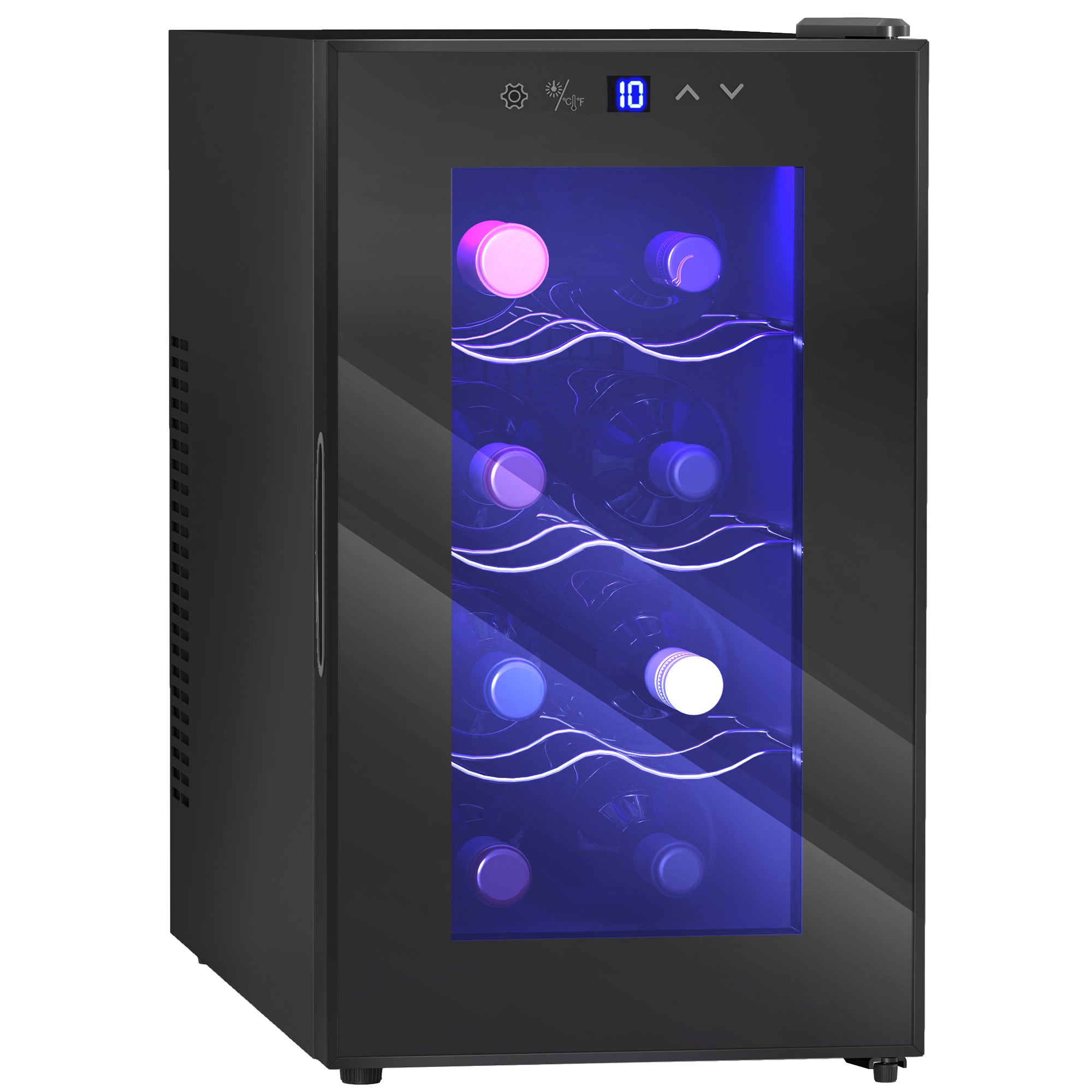 Cave à Vin 8 Bouteilles 21L, Réfrigérateur à Vin et Boissons avec Température Réglable 8-18°C, Porte en Verre Trempé Anti-UV, Étagères Ajustables, Écran Tactile, Éclairage LED, Noir