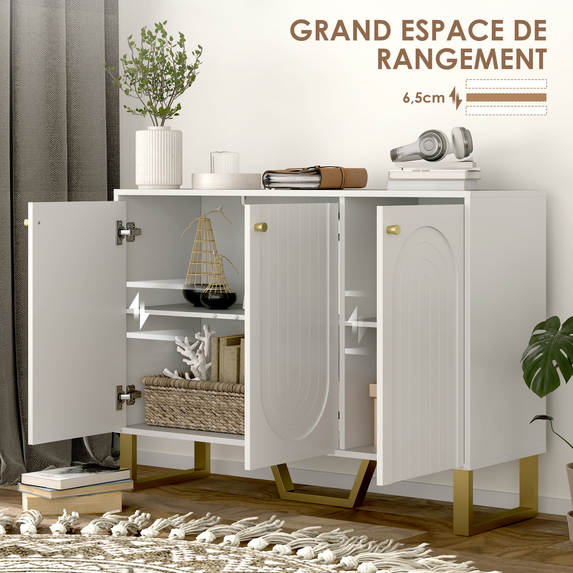 Buffet salon meuble de rangement style moderne avec placard à portes et étagère réglable, meuble TV pour téléviseur 50 pouces, buffet salle à manger et salon, 106,5 x 35 x 77,5 cm, blanc