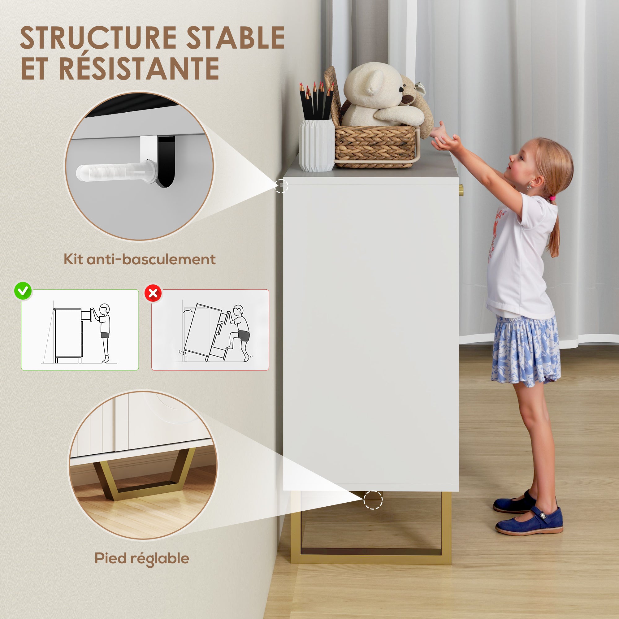 Buffet salon meuble de rangement style moderne avec placard à portes et étagère réglable, meuble TV pour téléviseur 50 pouces, buffet salle à manger et salon, 106,5 x 35 x 77,5 cm, blanc