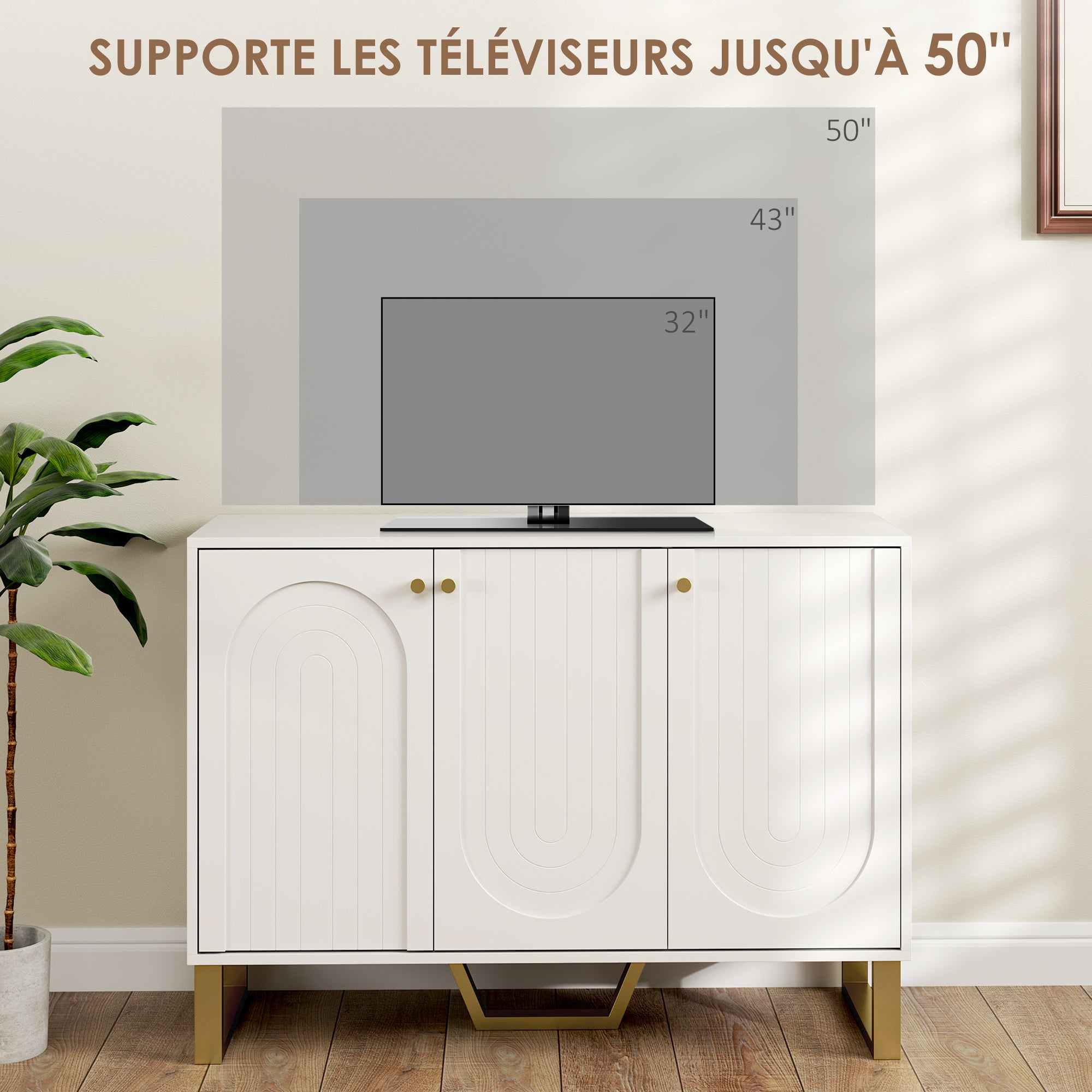 Buffet salon meuble de rangement style moderne avec placard à portes et étagère réglable, meuble TV pour téléviseur 50 pouces, buffet salle à manger et salon, 106,5 x 35 x 77,5 cm, blanc