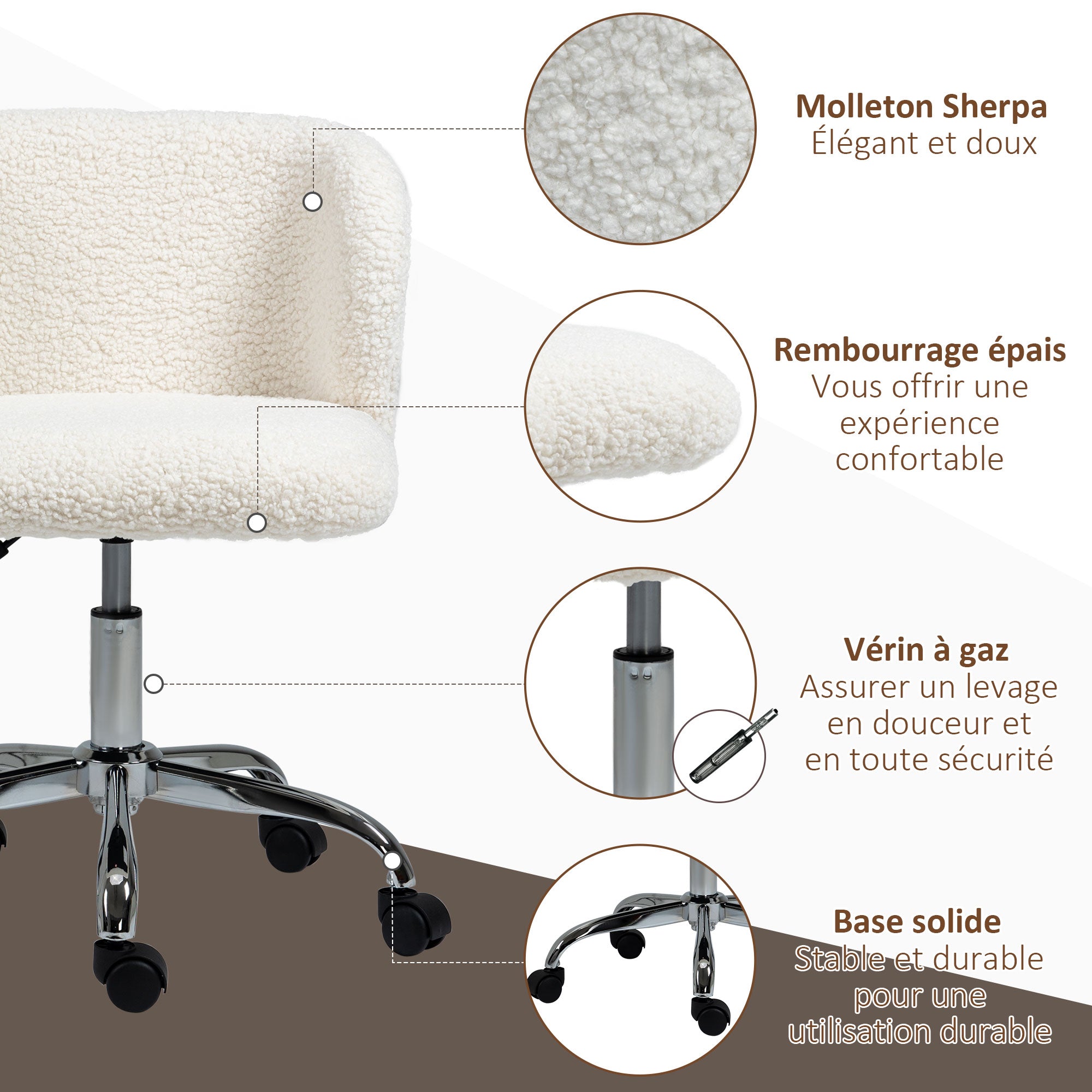 Chaise de bureau design - hauteur réglable, pivotante - piètement acier chromé revêtement effet laine bouclée