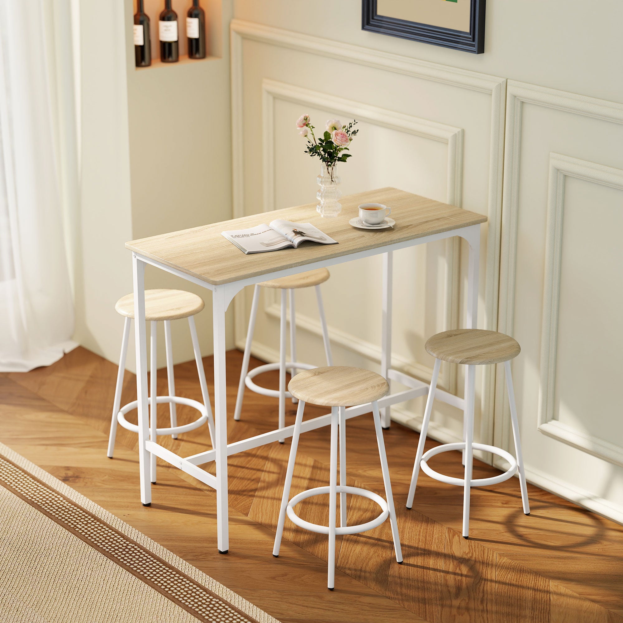 Ensemble table de bar bistrot avec 4 tabourets de bar, ensemble table haute cuisine et tabourets, avec repose-pieds, style moderne, structutre en métal, pour cuisine, salle à manger, naturel