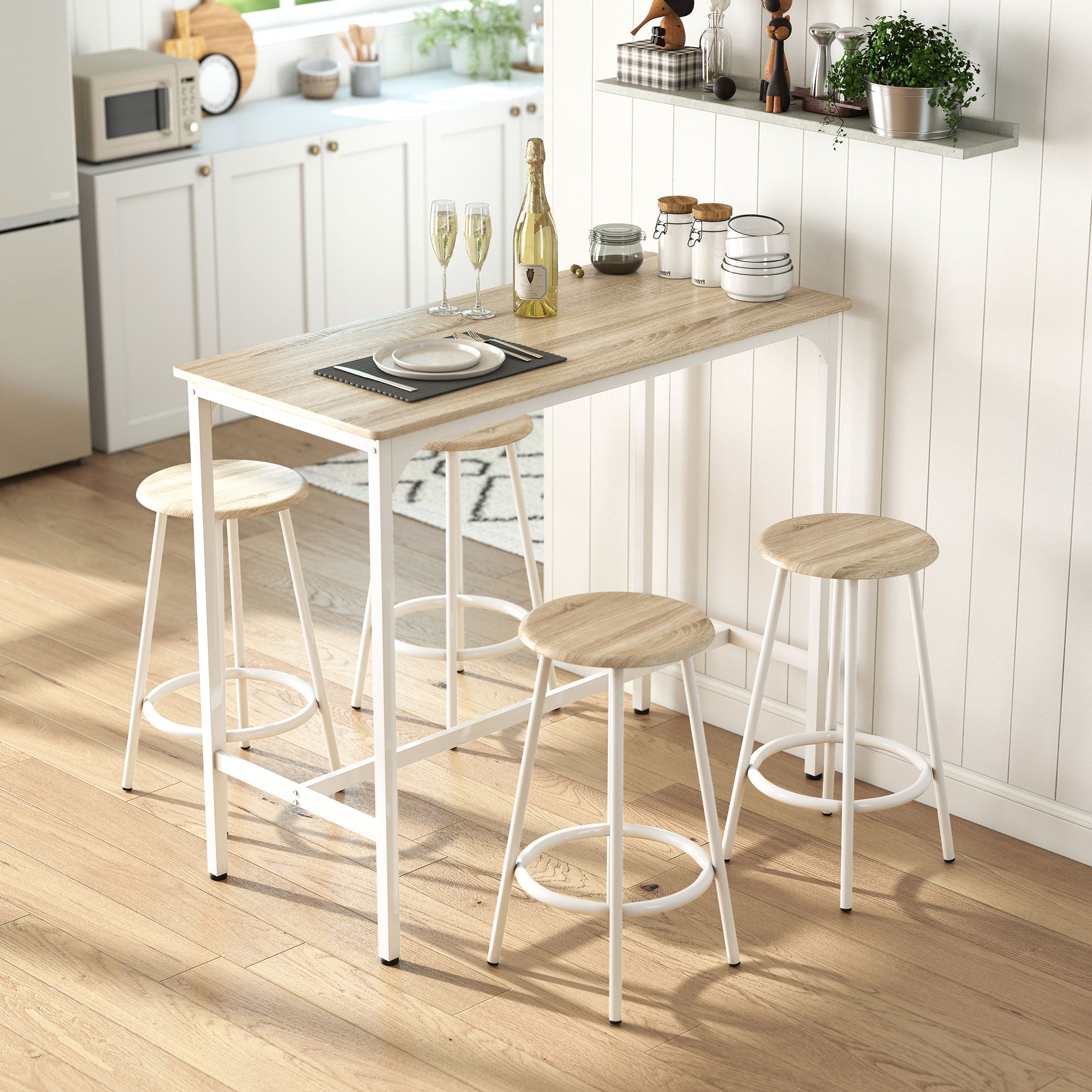 Ensemble table de bar bistrot avec 4 tabourets de bar, ensemble table haute cuisine et tabourets, avec repose-pieds, style moderne, structutre en métal, pour cuisine, salle à manger, naturel