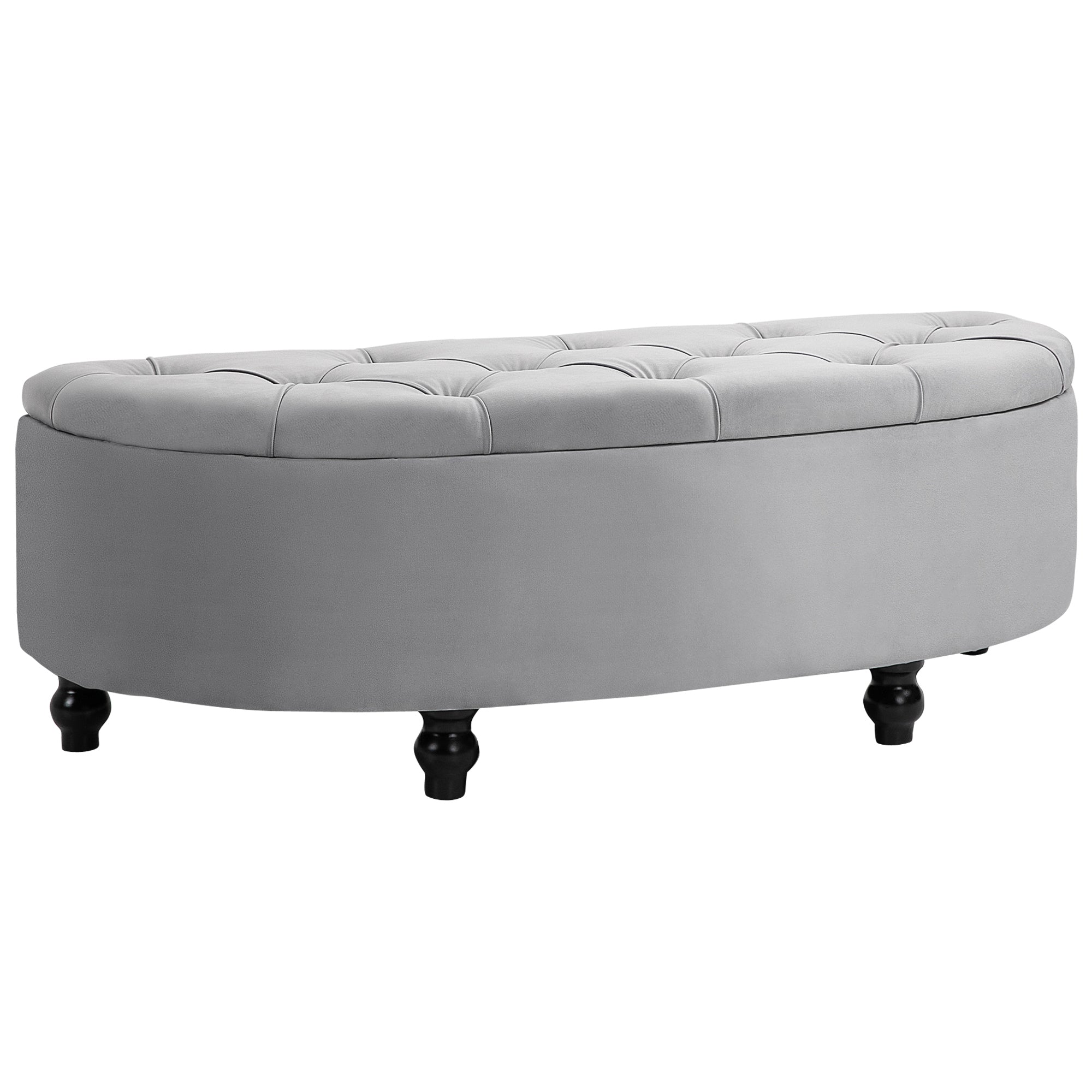 Banc de rangement, coffre de rangement design capitonné demi-cercle bout de lit avec revêtement velours, pieds en bois d'hévéa, pour salon, chambre, entrée, 120 x 46 x 42 cm, gris