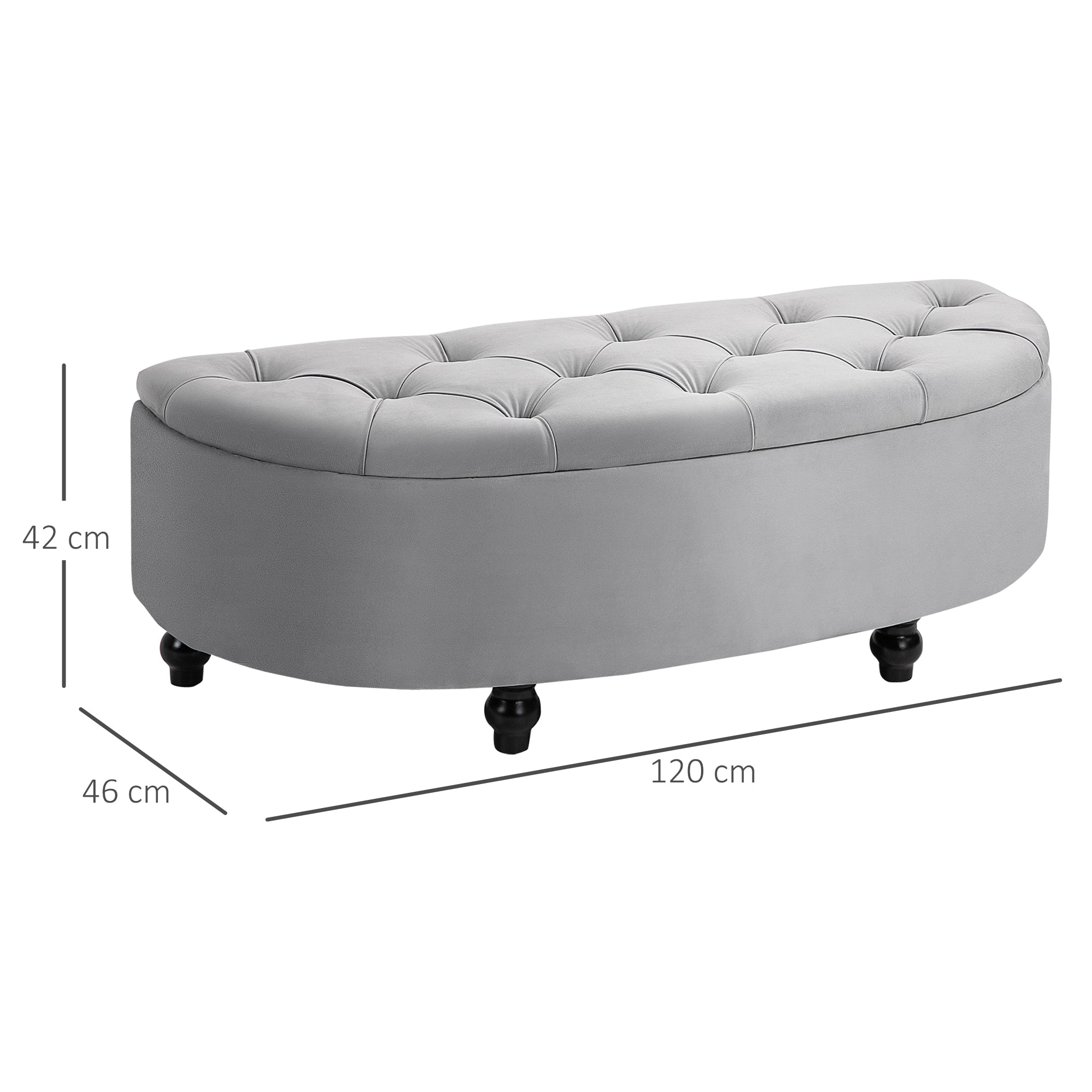 Banc de rangement, coffre de rangement design capitonné demi-cercle bout de lit avec revêtement velours, pieds en bois d'hévéa, pour salon, chambre, entrée, 120 x 46 x 42 cm, gris