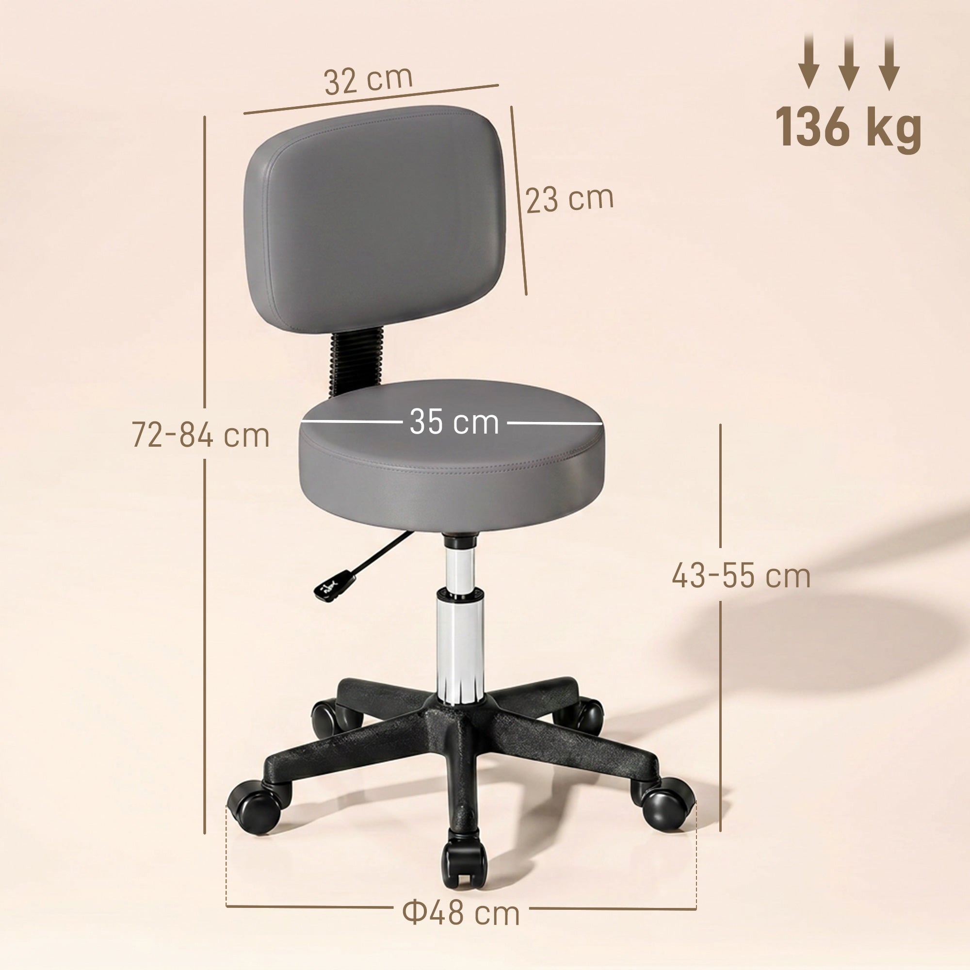 Tabouret massage a roulettes reglable en hauteur pivotant avec dossier ergonomique gris