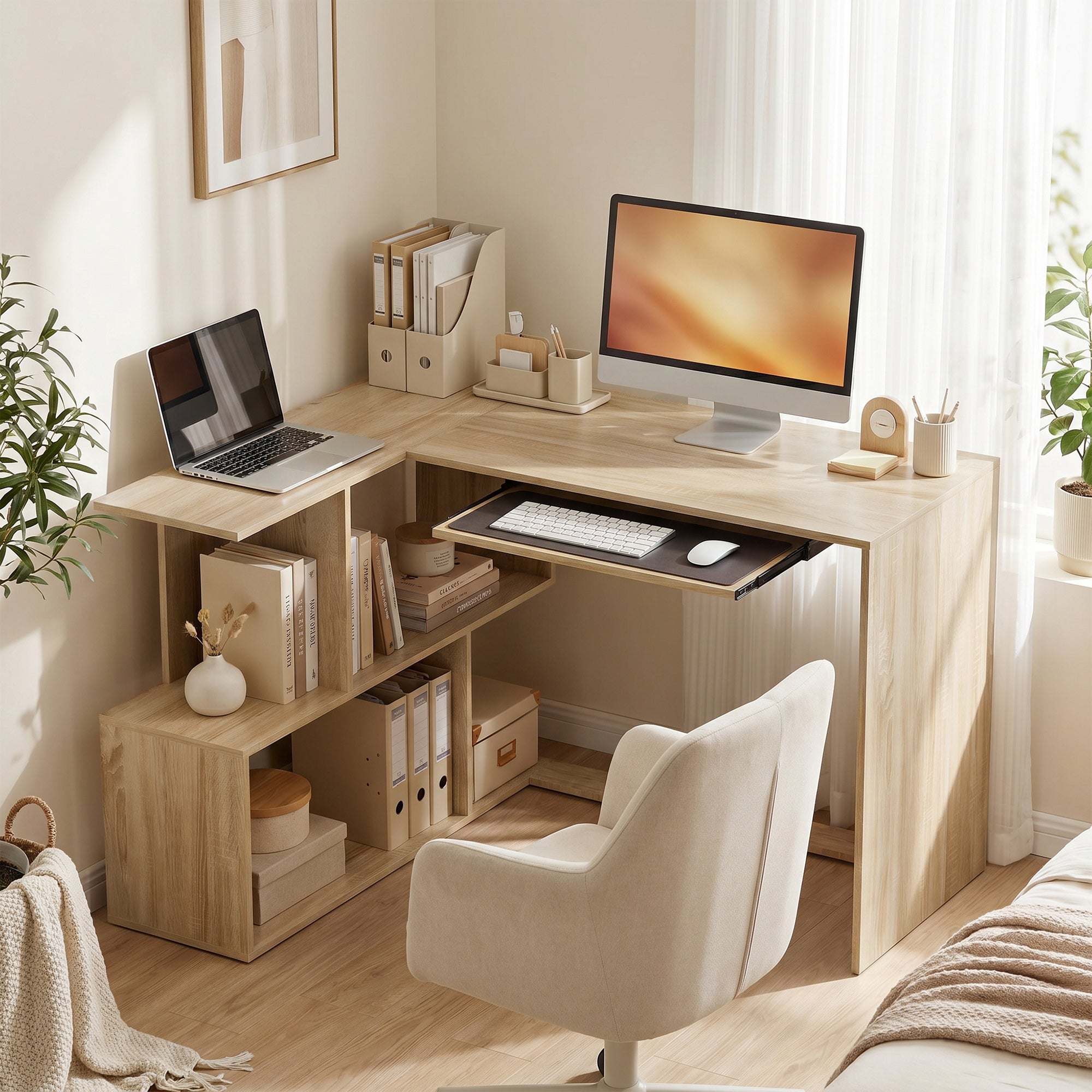 Bureau d'Angle, 120 x 100 x 76 cm, Bureau Informatique en L avec Plateau de Clavier, 4 Compartiments Ouverts, Style Moderne, Table de Travail pour Domicile, Chambre, Petit Espace, Bois Naturel