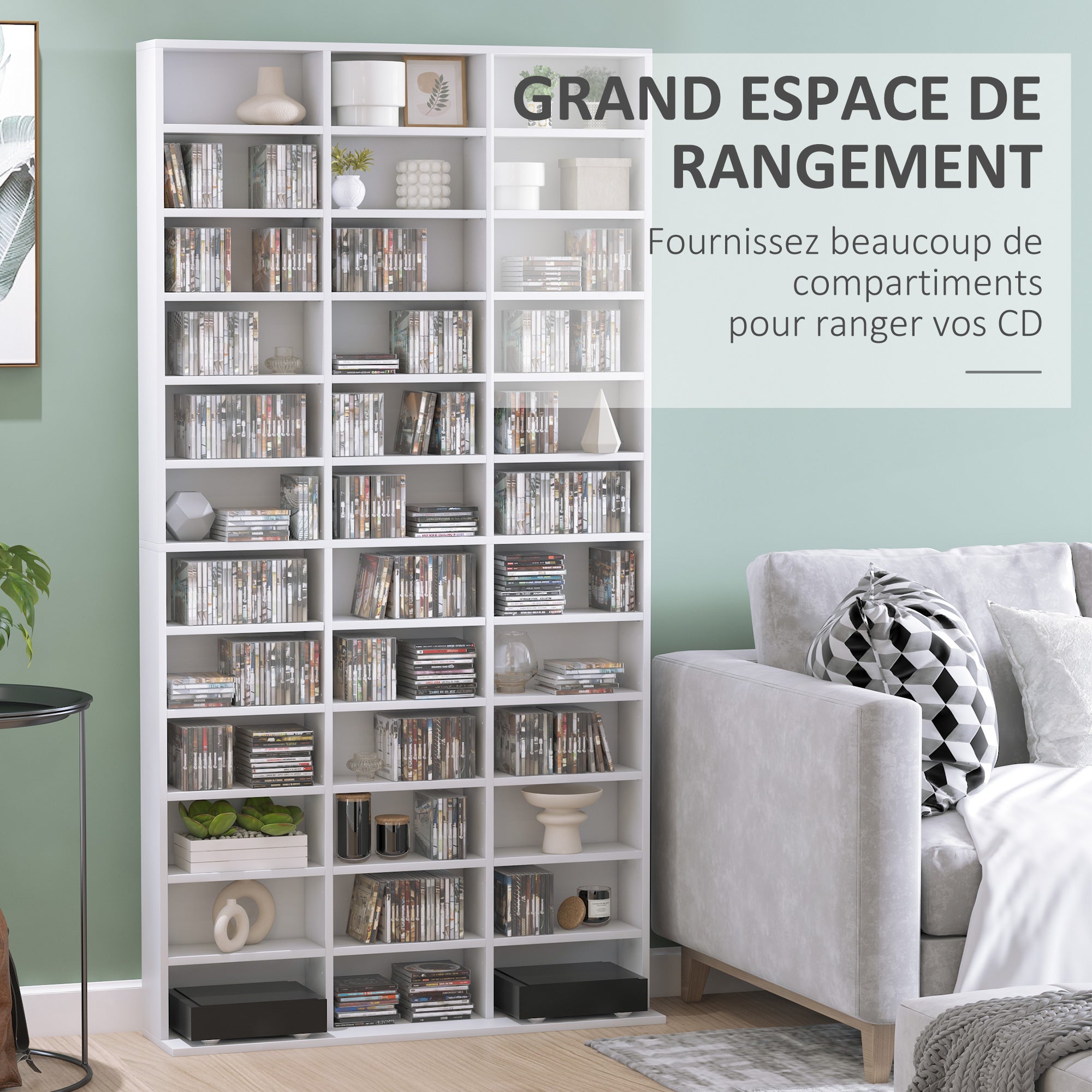 Rangements pour CD et DVD, étagère rangement, capacité max. 1116 CD/528 DVD, 36 compartiments et étagères réglables, pour bureau, salon, chambre, 102 x 23,5 x 195 cm, blanc