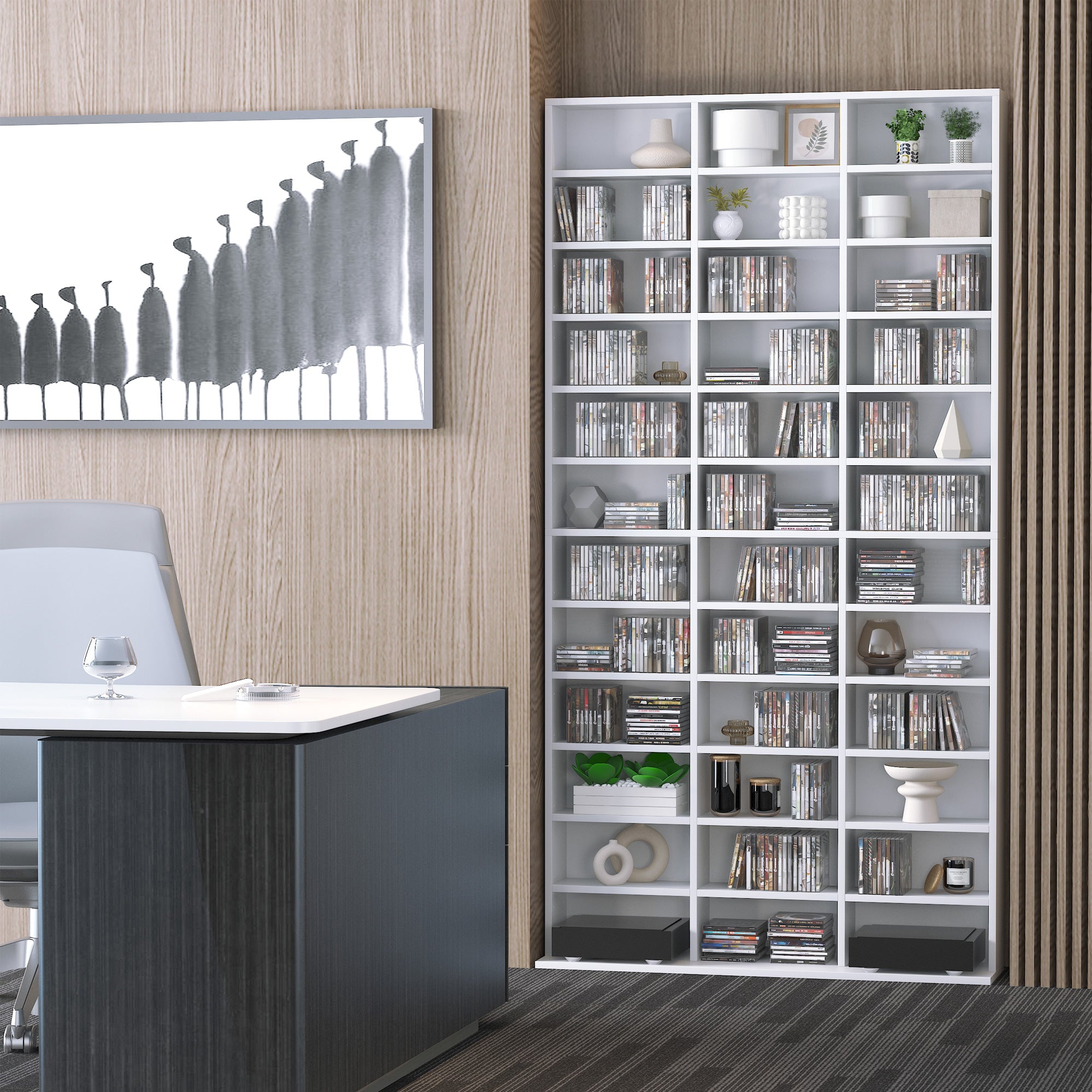 Rangements pour CD et DVD, étagère rangement, capacité max. 1116 CD/528 DVD, 36 compartiments et étagères réglables, pour bureau, salon, chambre, 102 x 23,5 x 195 cm, blanc