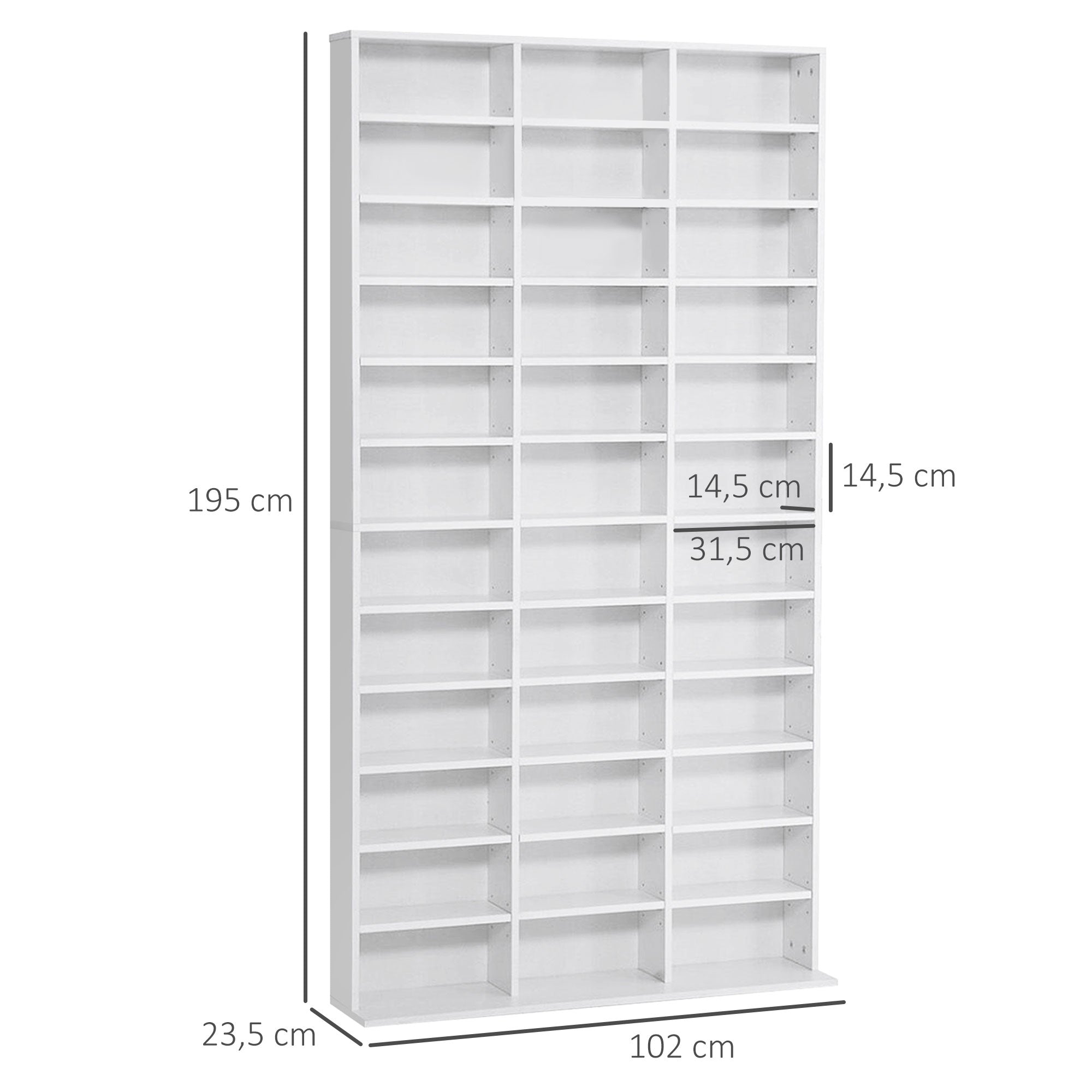 Rangements pour CD et DVD, étagère rangement, capacité max. 1116 CD/528 DVD, 36 compartiments et étagères réglables, pour bureau, salon, chambre, 102 x 23,5 x 195 cm, blanc