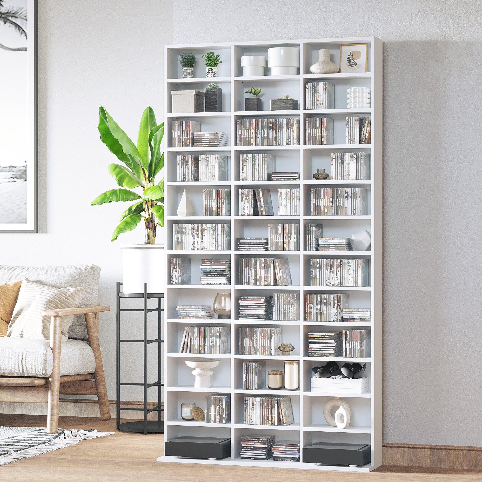 Rangements pour CD et DVD, étagère rangement, capacité max. 1116 CD/528 DVD, 36 compartiments et étagères réglables, pour bureau, salon, chambre, 102 x 23,5 x 195 cm, blanc