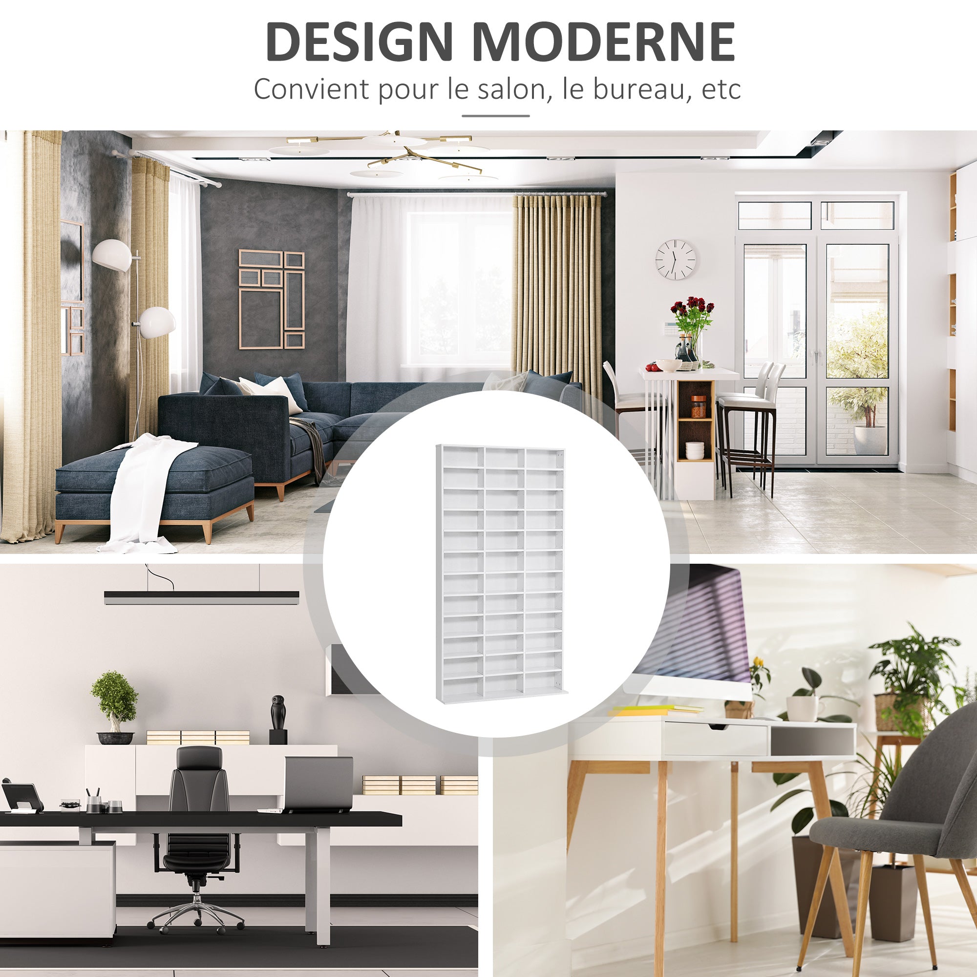Rangements pour CD et DVD, étagère rangement, capacité max. 1116 CD/528 DVD, 36 compartiments et étagères réglables, pour bureau, salon, chambre, 102 x 23,5 x 195 cm, blanc