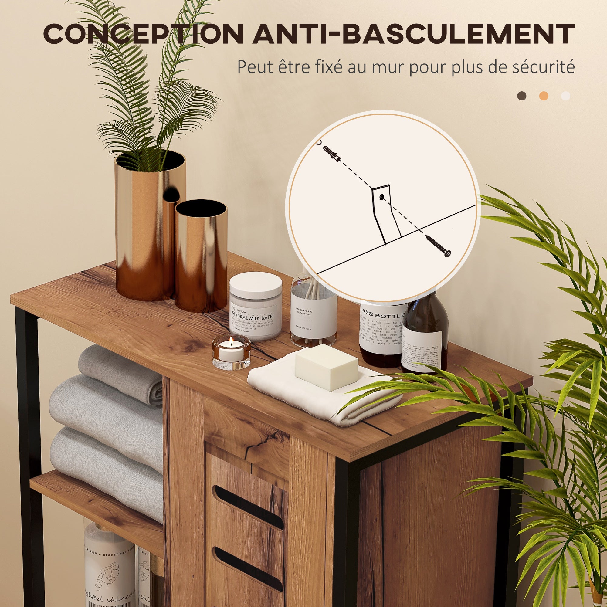 Meuble de salle de bain sur pied, meuble de rangement, design industriel, structure en acier, 3 étagères ouvertes, placard à 2 niveaux, porte à lamelles, 60 x 30 x 85 cm, marron rustique