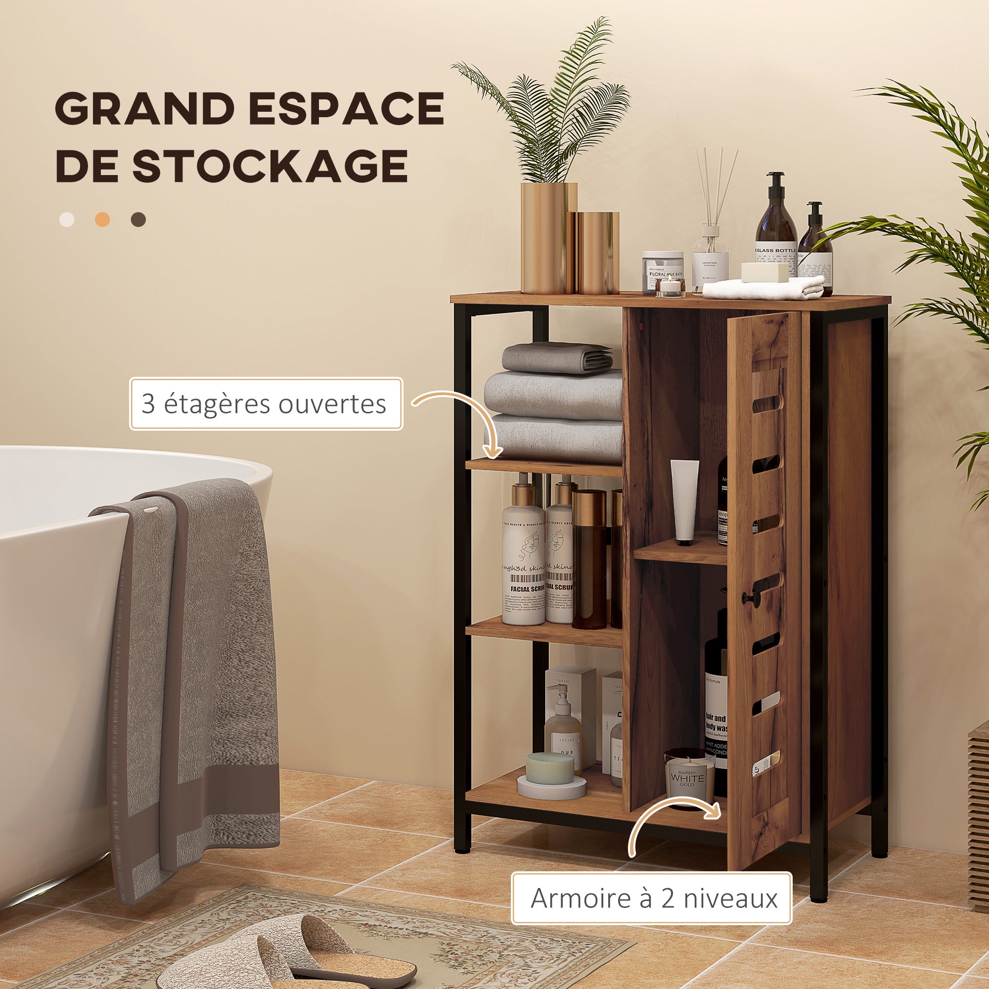 Meuble de salle de bain sur pied, meuble de rangement, design industriel, structure en acier, 3 étagères ouvertes, placard à 2 niveaux, porte à lamelles, 60 x 30 x 85 cm, marron rustique