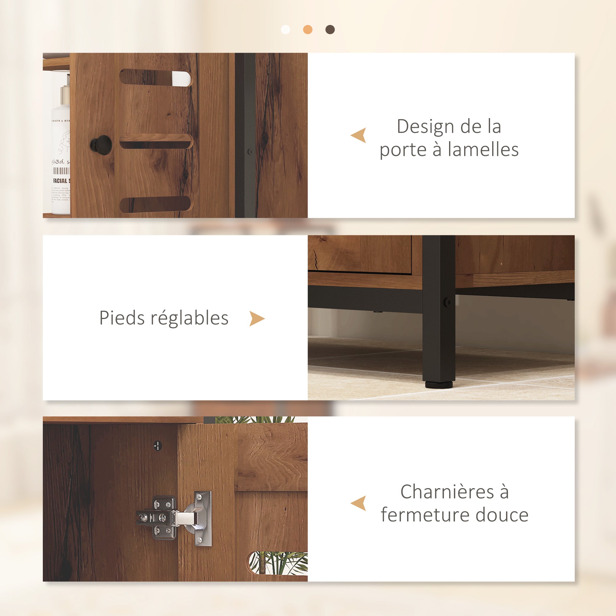 Meuble de salle de bain sur pied, meuble de rangement, design industriel, structure en acier, 3 étagères ouvertes, placard à 2 niveaux, porte à lamelles, 60 x 30 x 85 cm, marron rustique