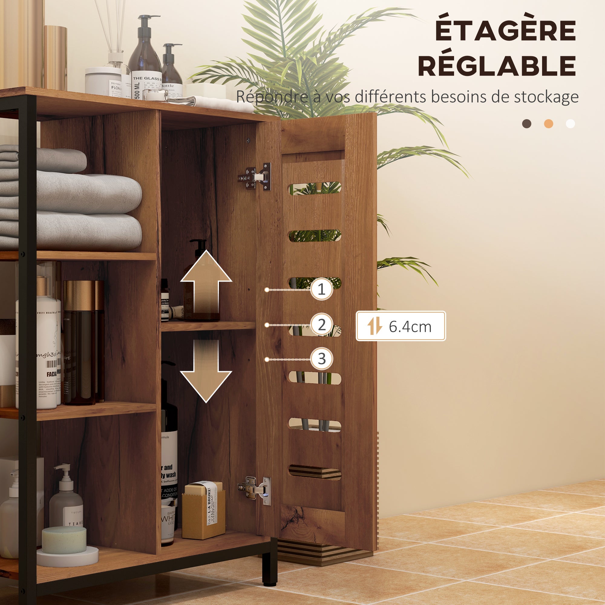 Meuble de salle de bain sur pied, meuble de rangement, design industriel, structure en acier, 3 étagères ouvertes, placard à 2 niveaux, porte à lamelles, 60 x 30 x 85 cm, marron rustique