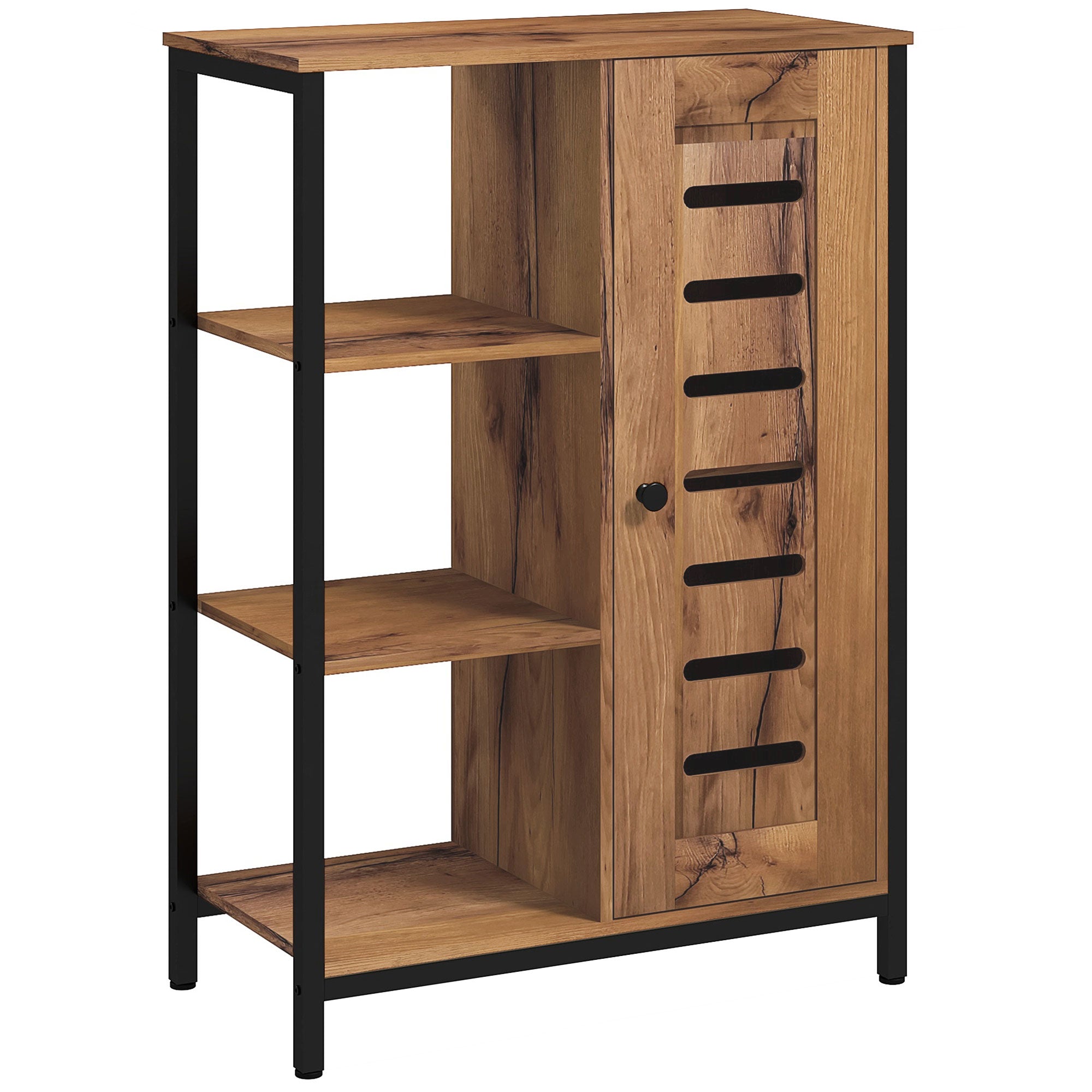 Meuble de salle de bain sur pied, meuble de rangement, design industriel, structure en acier, 3 étagères ouvertes, placard à 2 niveaux, porte à lamelles, 60 x 30 x 85 cm, marron rustique