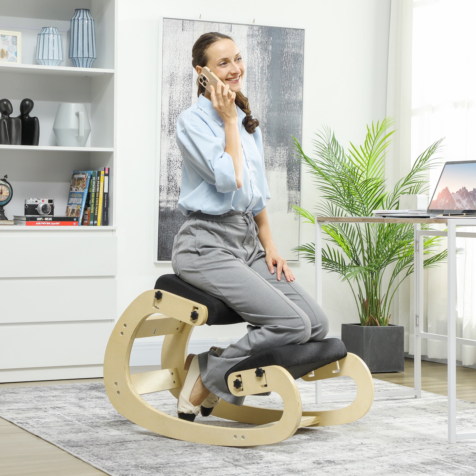 Siège assis genoux, siège ergonomique en bois à bascule, chaise à genoux réglable pour bureau à domicile, améliorer la posture, maux de dos, noir