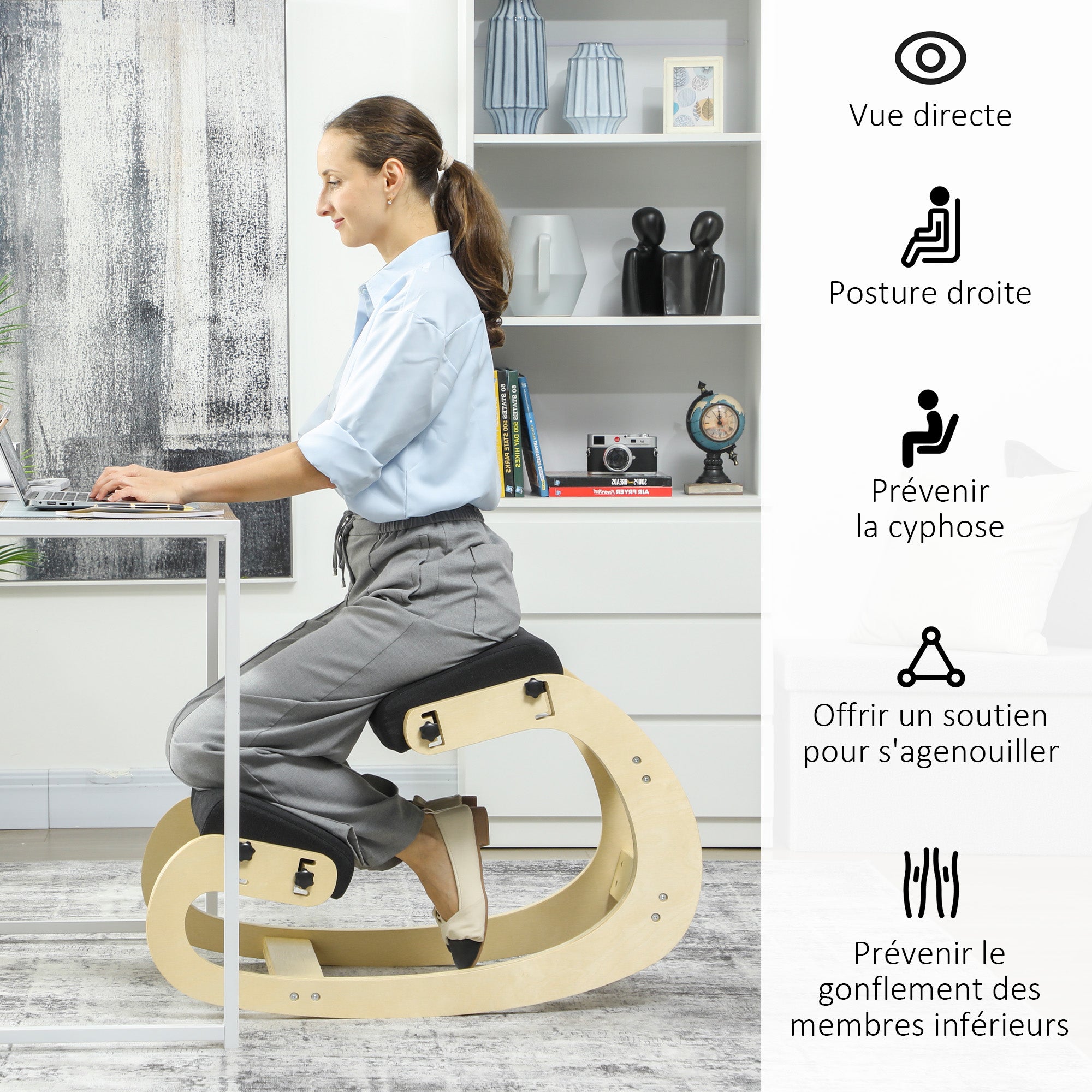 Siège assis genoux, siège ergonomique en bois à bascule, chaise à genoux réglable pour bureau à domicile, améliorer la posture, maux de dos, noir