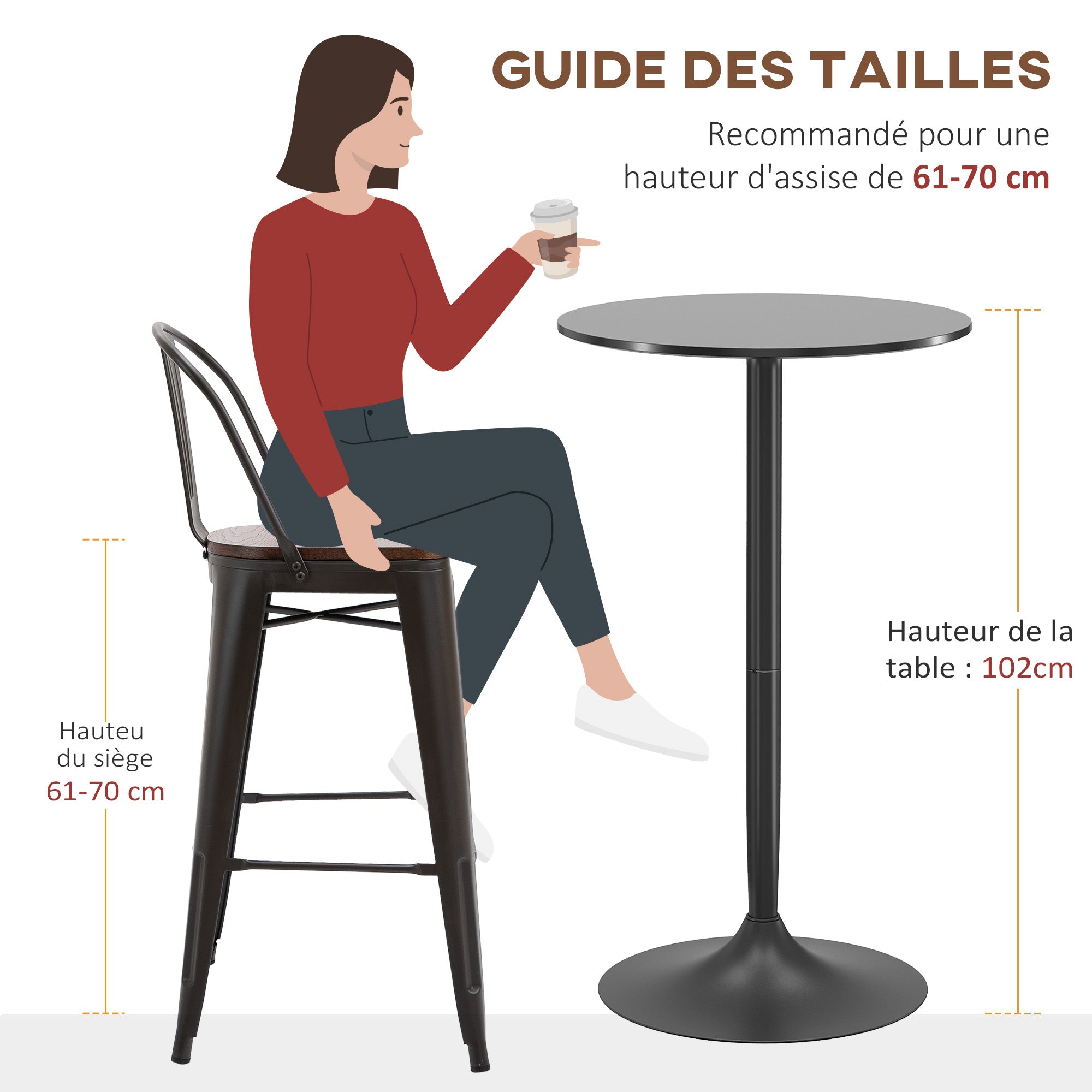 Table de bar ronde table de bistro mange-debout style contemporain avec plateau peint et cadre en acier dim. 60L x 60l x 102H cm noir