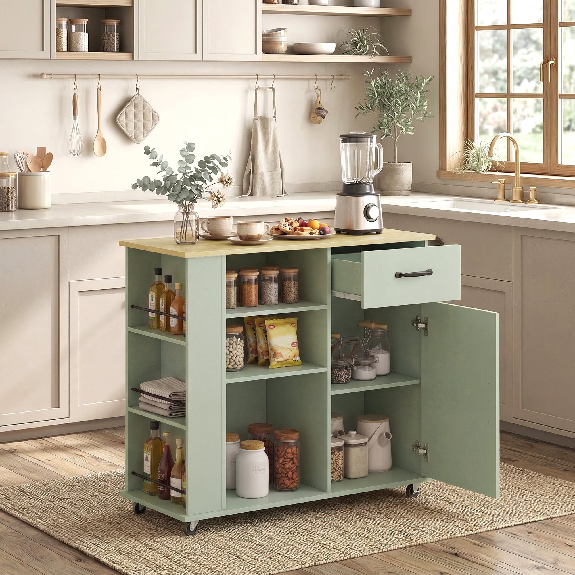 Desserte de cuisine à roulettes, îlot central cuisine avec tiroir, porte, compartiments ouverts, étagère réglable et porte-épices, chariot de rangement pour salle à manger, 96,5x38x87cm, vert