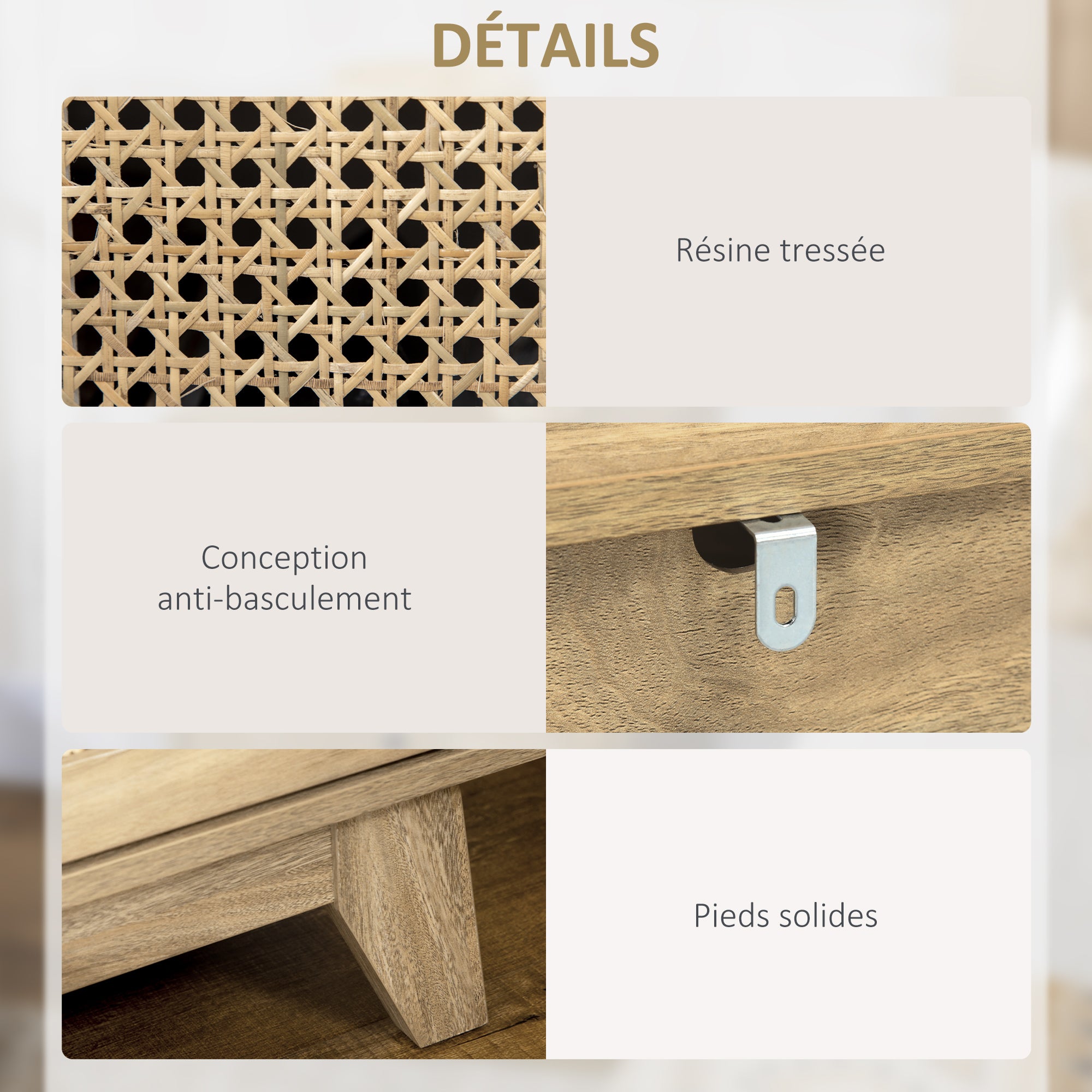 Table de chevet table de nuit meuble de rangement avec tiroir porte cannage et niche design vintage 45 x 39 x 56,5 cm