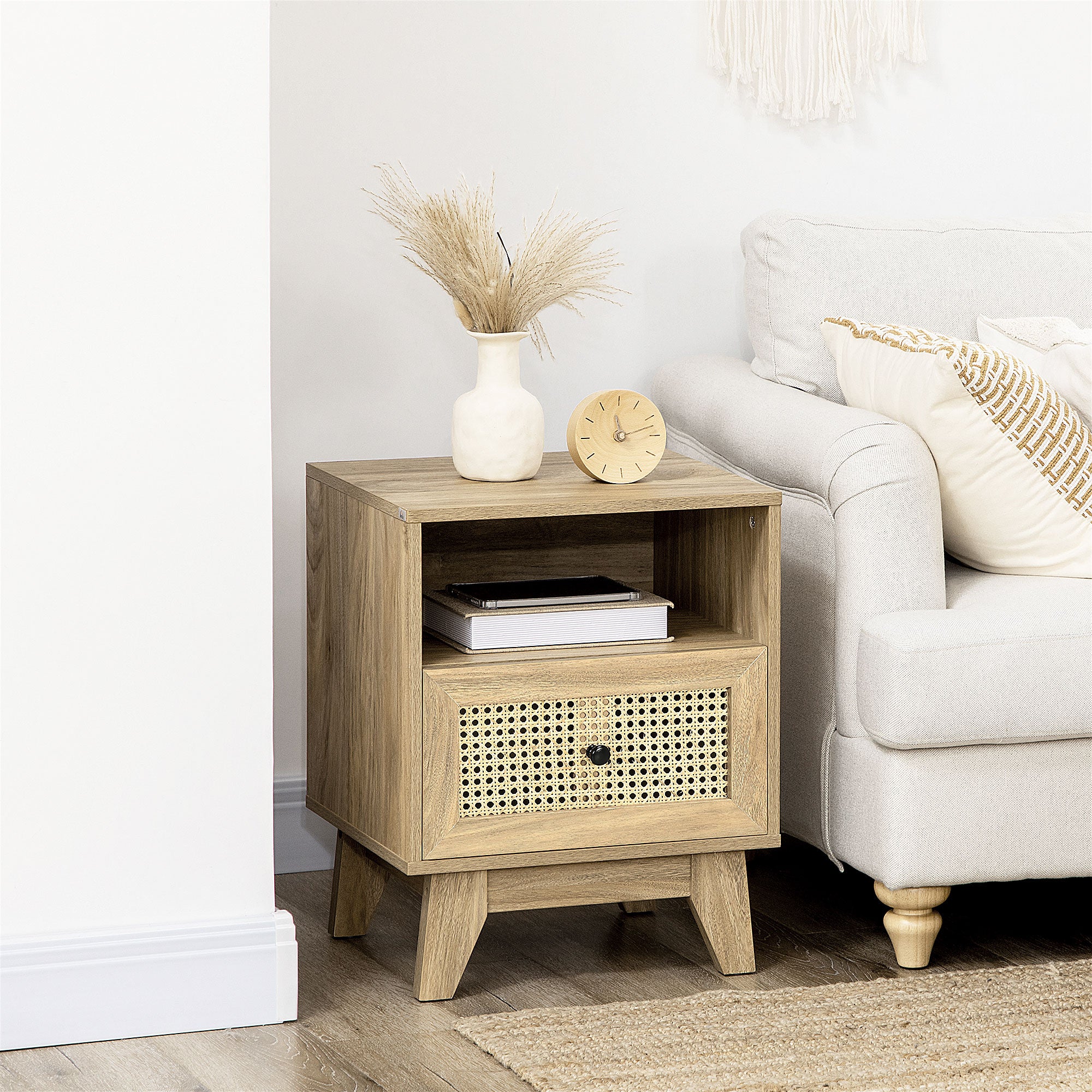 Table de chevet table de nuit meuble de rangement avec tiroir porte cannage et niche design vintage 45 x 39 x 56,5 cm