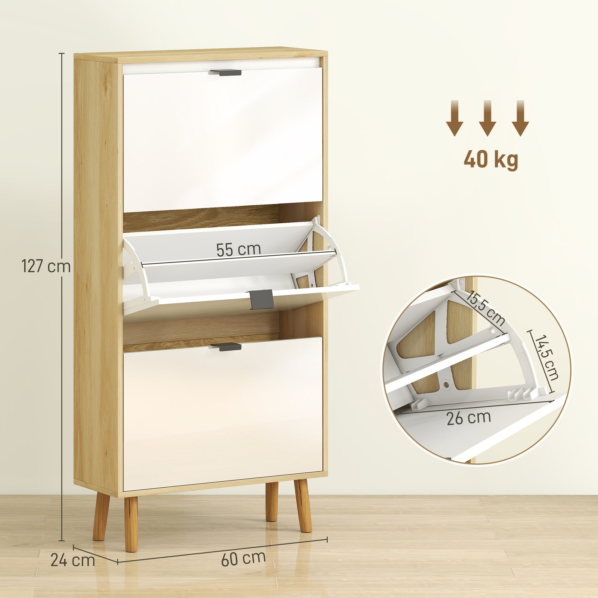 Meuble à chaussures 18 paires, porte haute brillante, armoire à chaussures étroite avec 3 tiroirs rabattables et étagères réglables, style moderne, pour couloir, entrée, 60x24x127cm, blanc