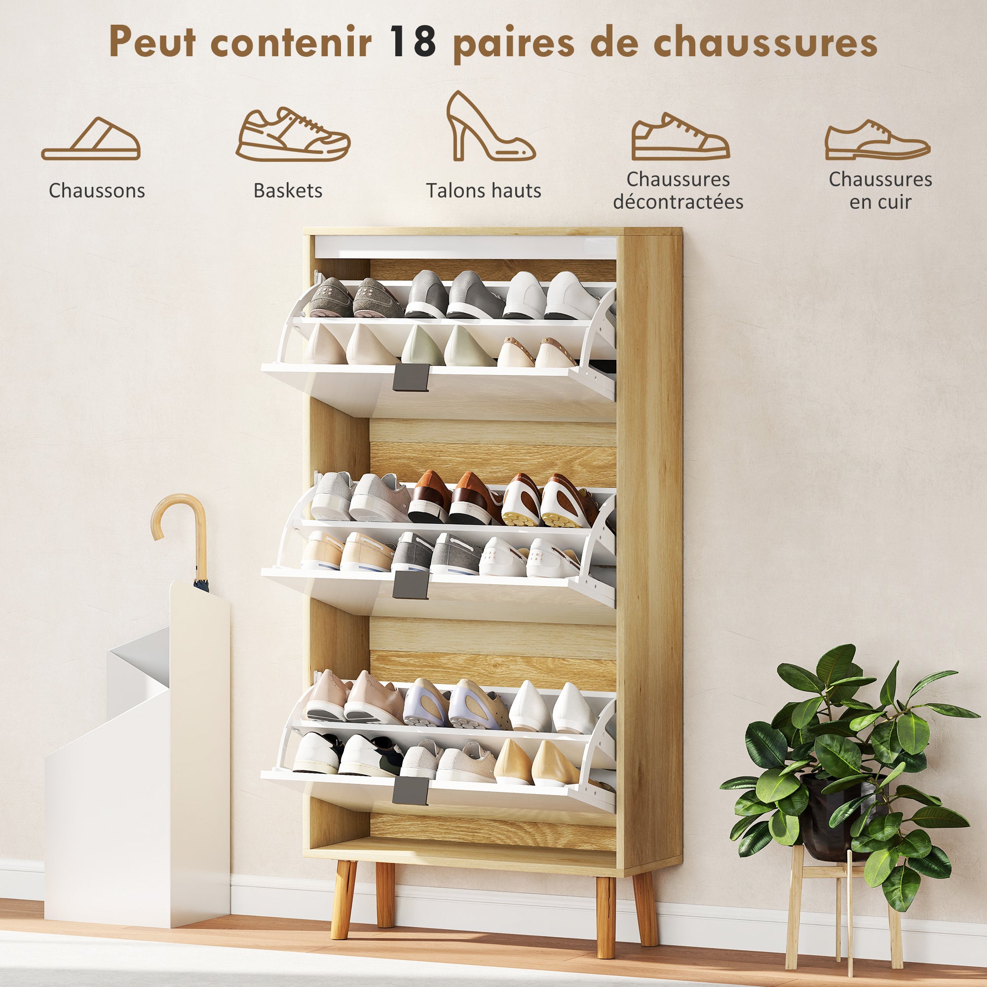 Meuble à chaussures 18 paires, porte haute brillante, armoire à chaussures étroite avec 3 tiroirs rabattables et étagères réglables, style moderne, pour couloir, entrée, 60x24x127cm, blanc