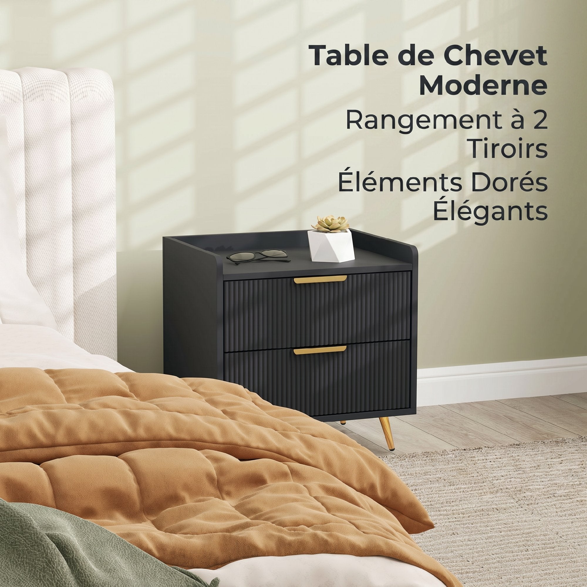 Table de chevet, table de nuit avec 2 tiroirs rainurés, pieds en métal dorés, chevet de lit pour chambre à coucher, salon, 50 x 40 x 50 cm, noir