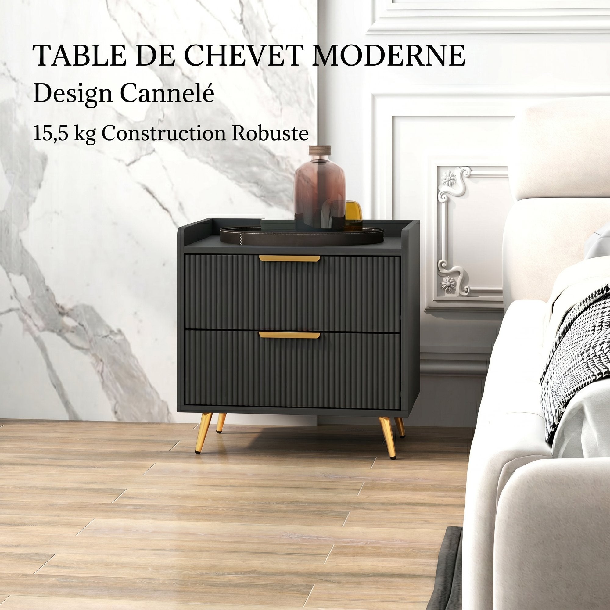 Table de chevet, table de nuit avec 2 tiroirs rainurés, pieds en métal dorés, chevet de lit pour chambre à coucher, salon, 50 x 40 x 50 cm, noir