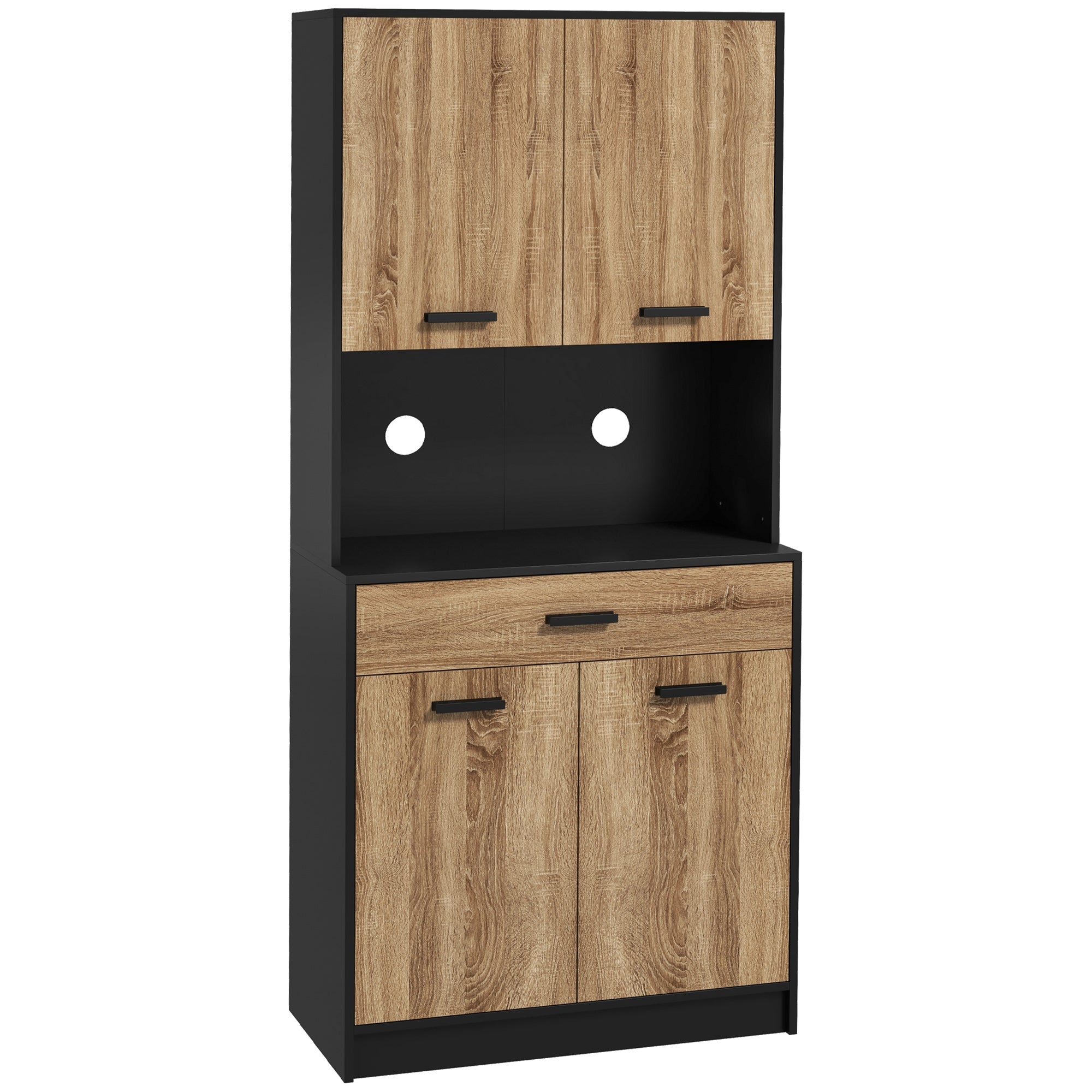 Armoire de cuisine, buffet de cuisine, meuble de rangement, 2 placards, 4 portes, 1 tiroir, passe-câbles, design industriel, 80 x 40 x 180 cm, noir et naturel