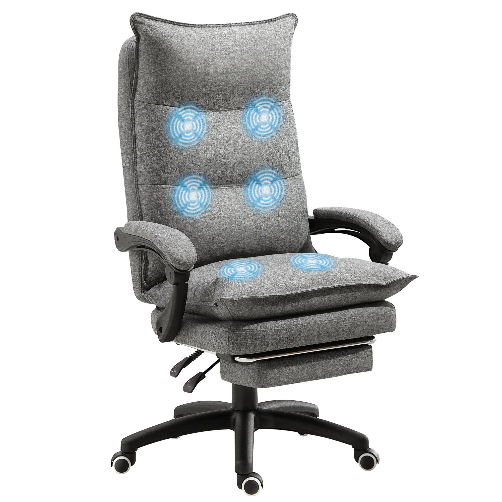 Fauteuil de bureau massant, chaise de bureau, chaise ergonomique avec hauteur réglable, dossier inclinable, repose-pied intégré et télécommande filaire, pivotant à 360°, toile de lin gris